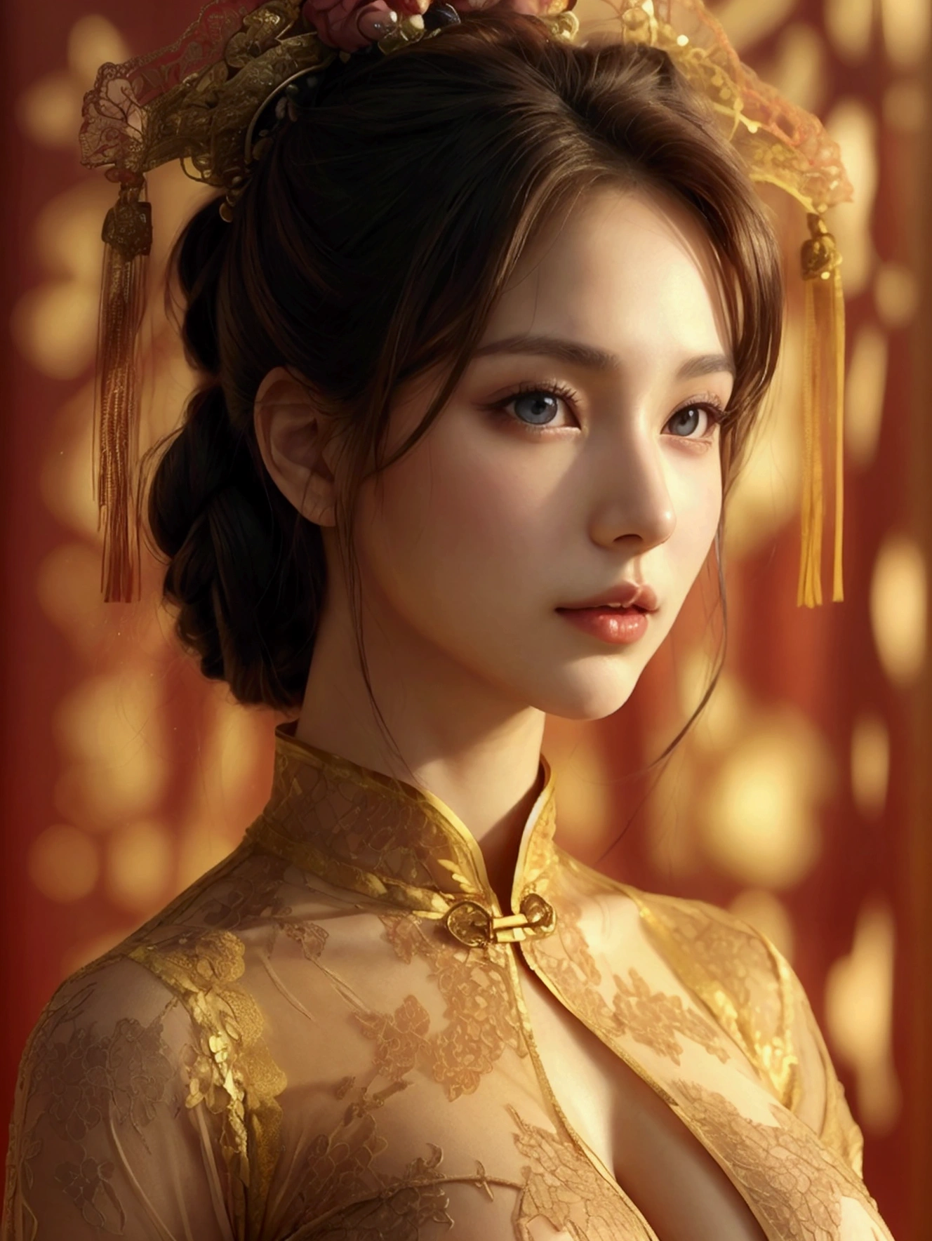 Create an image of a beautiful woman wearing a tight, skin-tight Chinese dress with a cleavage on the side, exposing her stomach to thighs. The fabric is so sheer that the nipples and skin of the wearer can be seen very sexy, and she is not wearing a bra., She can spread her legs wide to show off her genitals., She has a slim face., sharp eyes, long hair, responsive face, high nose, and thin lips, She has light brown hair., Breast size 32 inches with pink nipples., Her waist is 24 inches., Her hips are 33 inches., Her skin was bright and white., And her figure was slim and slightly muscular..