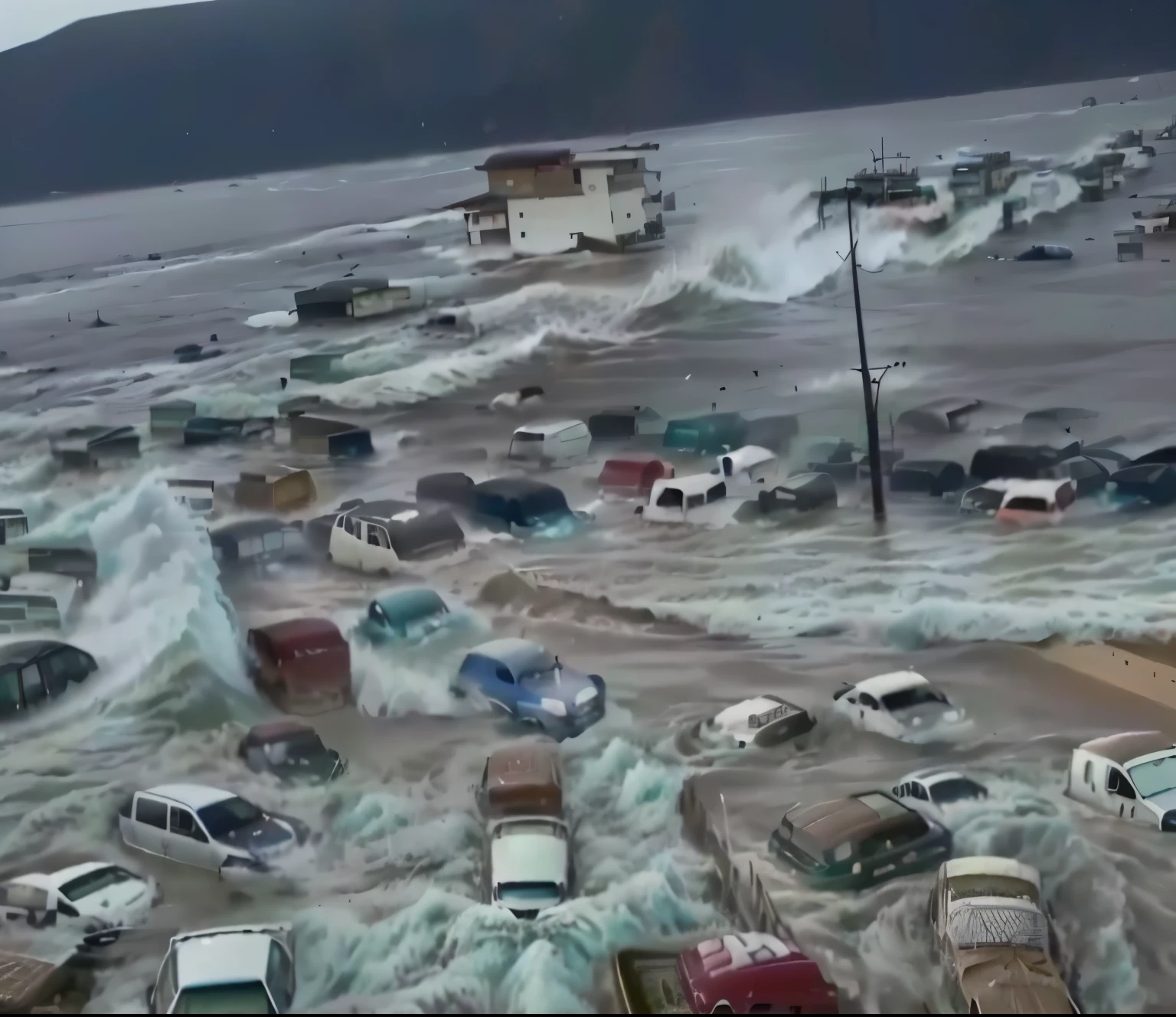 arafed vehicles are in a flooded area with water, tsunami, flooded fishing village, video, footage, mutiversal tsunami, japan, giant waves, genius, sandy, apocalyptic tumultuous sea, trailer, 3 6 0 p, floating cars, massive waves, pov, youtube thumbnail, breathtaking look, national geographic footage, violent stormy waters, land, app