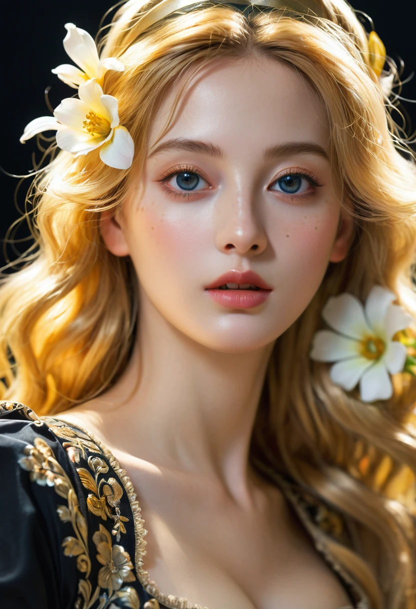 (Skeleton-like:0.4), ((female Gorgeous princess)), (With flowing golden hair), (Bright beautiful eyes), Popular on artstation, Jean-Honore Fragonard (Jean-Honor Fragonard) Flower of Hope, Peter Moore, Ultra Detailed, Crazy details, amazing, complex, Elite, Art Nouveau, Gorgeous, Liquid wax, elegant, extravagant, luxurious, Greg Rutkowski, Ink style, sticker, Vector Art, Beautiful character designs, Double exposure shooting, Luminous design, The award-winning, masterpiece, AMOLED black background, (Whole torso),