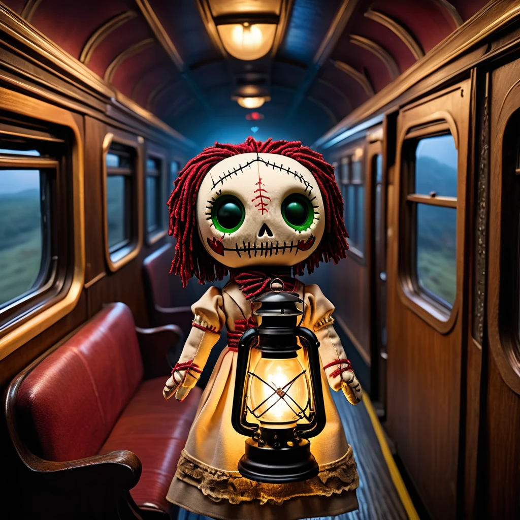 (knitted toy voodoo doll:1.7), (Voodoo Doll on a Ghost Train:1.3), (Clothing: vintage traveler's attire with a haunted twist:1.0), (Accessories: enchanted lantern emitting a ghostly light, floating train ticket:1.2), (background: eerie train interior with ghostly passengers, flickering lights, and supernatural mist:1.2), best quality, masterpiece, detailed soft oil painting, detailed background, dramatic cinematic lighting, soft edge lighting, professional, dramatic lighting, hard edge lighting, ultra quality, 4k,masterpiece, best quality, 8k, ultra highres, highres, extremely detailed