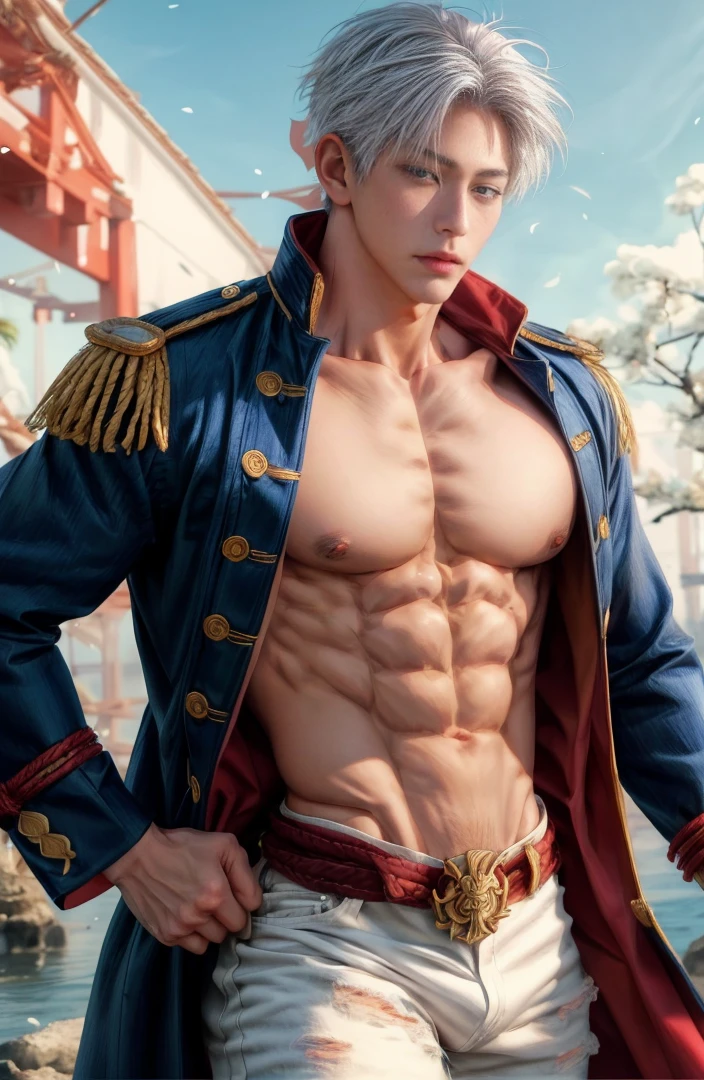 Japanese male model, adult, handsome, perfect face, detailed eyes and face, clean shaved, sixpack realistic, white eyebrow hair, white eyelashes, dynamic lighting, unreal engine 5, hd picture, satoru gojo, white hair, short hair ,hair between eyes ,blue eyes, white skin, Short jeans, pirate hat