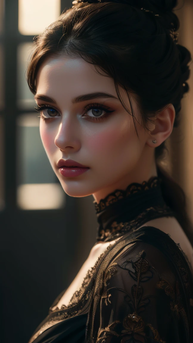 (((ultra realistic))) Photo, masterpiece, top quality, (pale skin), (Ultra detailed face and eyes:1.3), Indian 1 girl, in a beautiful black(goldon embroidery)dress, (Eye makeup, mascara) , (a close up portrait of a beautiful woman with long brown messy bun, curly hair), wearing a black dress, gorgeous detailed face, extremely beautiful delicate features, piercing eyes, luscious lips, flawless skin, stunning portrait, high quality, cinematic lighting, photorealistic, masterpiece, dramatic depth of field, soft elegant expression, elegant and serene, professional portrait photography, beautiful model, gorgeous female portrait, incredible realismof field, bokeh, (special attention to skin detail: 1.2), Detailed leather texture, skin pores. (Airy atmosphere of the frame), UDR, ((Film grain)), ((rays)), ((Glare)), ((side angle portrait, viewing towards the camera)) , ultra detailed, KISSING:1.1