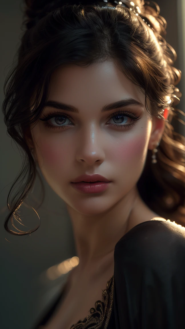 (((ultra realistic))) Photo, masterpiece, top quality, (pale skin), (Ultra detailed face and eyes:1.3), Indian 1 girl, in a beautiful black(goldon embroidery)dress, (Eye makeup, mascara) , (a close up portrait of a beautiful woman with long brown messy bun, curly hair), wearing a black dress, gorgeous detailed face, extremely beautiful delicate features, piercing eyes, luscious lips, flawless skin, stunning portrait, high quality, cinematic lighting, photorealistic, masterpiece, dramatic depth of field, soft elegant expression, elegant and serene, professional portrait photography, beautiful model, gorgeous female portrait, incredible realismof field, bokeh, (special attention to skin detail: 1.2), Detailed leather texture, skin pores. (Airy atmosphere of the frame), UDR, ((Film grain)), ((rays)), ((Glare)), ((side angle portrait, viewing towards the camera)) , ultra detailed, KISSING:1.1