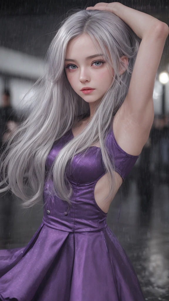 Light purple hair、Vampire Queen、Black short dress、Long Hair, High resolution, Clear skin、Purple Sky、Light blue clouds、Silver and copper、Beauty