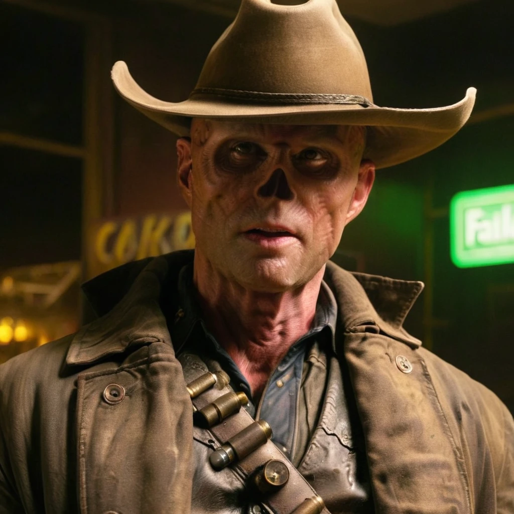 Close up of Fallout TV series Cooper the ghoul with no nose but otherwise looking like 40 year old Walton Goggins the actor but with pale smooth very burned skin, Inside a dimly lit large room in a post-apocalyptic casino in Las Vegas, wearing a dirty cream colored cowboy hat and long dark brown dirty trench coat with his gun in his hand. Photo-realistic. From Fallout TV series. Cinematic, Rich color, masterpiece, hyper realistic, ultra detailed, high quality, best quality, 4k, 8k, hi resolution,