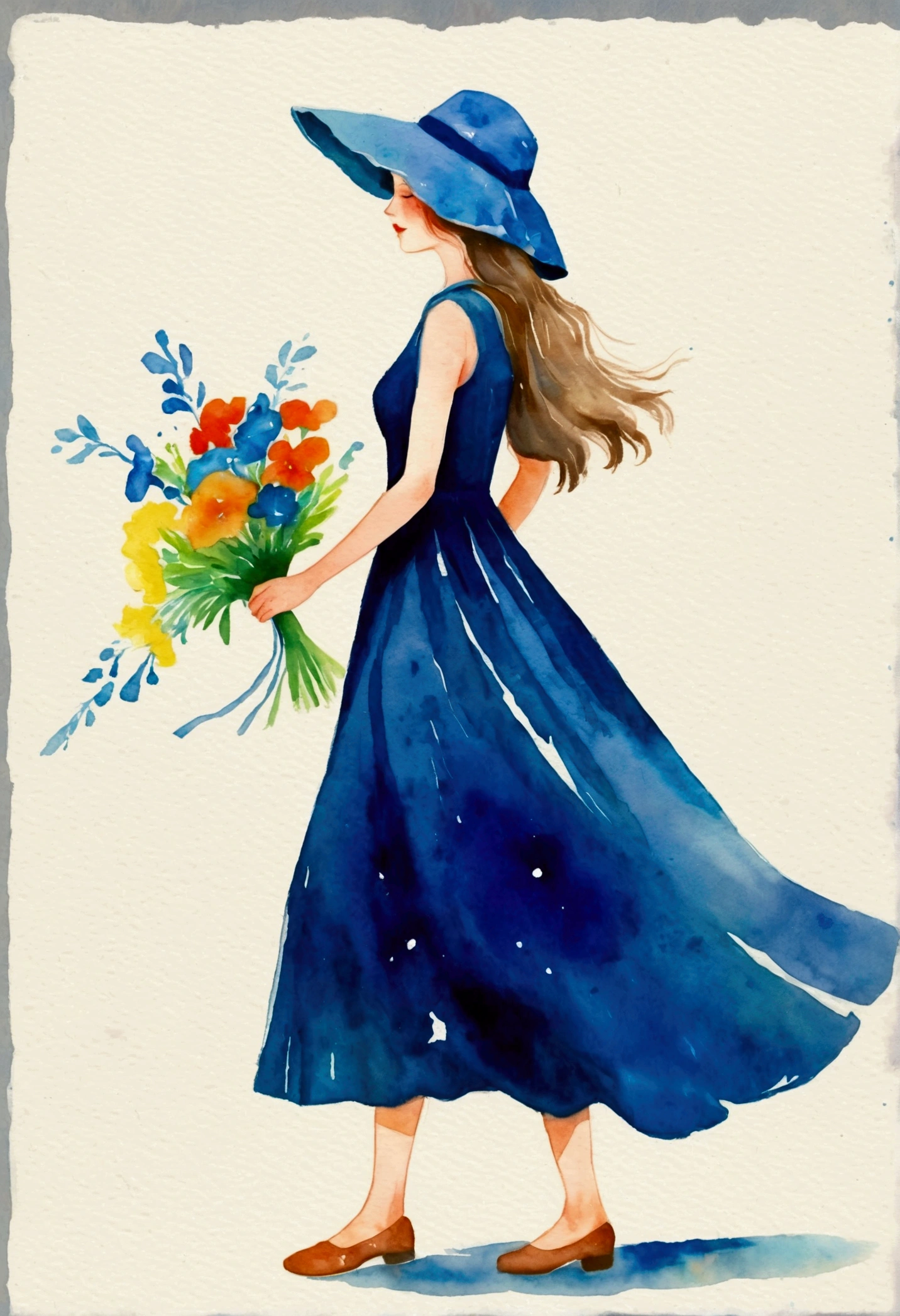 A painting,A person in the painting is wearing a blue dress、Wear a blue hat on the head、Woman walking with a bouquet of flowers, Watercolors by Andrzej Wróblewski, cg Social Hotspot, Process art, Watercolor illustration style, Watercolor style, Watercolor art style, Watercolor style, Watercolor Numbers, Watercolor illustration, Girl in a skirt, Watercolor effect, Wearing a flowing dress