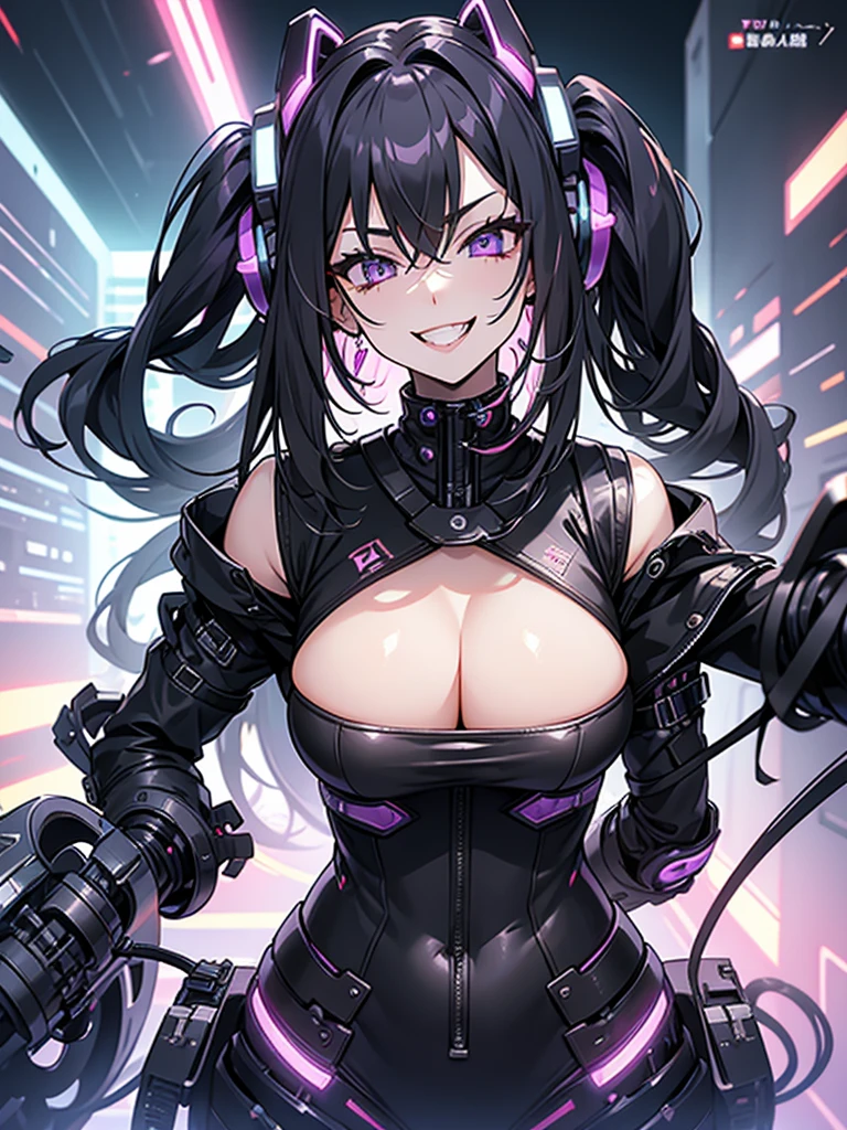 woman、Early 20s、cyber punk、Wicked Smile、Black Hair、Long Hair、Multicolored Hair、Purple Eyes、breast enhancement、sexy、sexyなポーズ、Tight combat suit、R-18