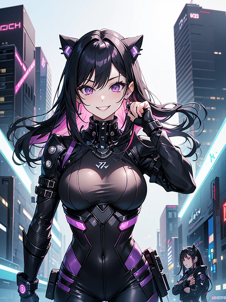 woman、Early 20s、cyber punk、Wicked Smile、Black Hair、Long Hair、Multicolored Hair、Purple Eyes、breast enhancement、sexy、sexyなポーズ、Tight combat suit、R-18