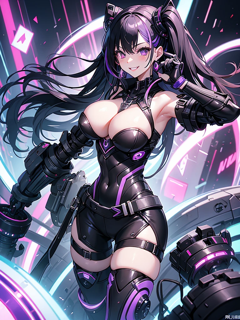 woman、Early 20s、cyber punk、Wicked Smile、Black Hair、Long Hair、Multicolored Hair、Purple Eyes、breast enhancement、sexy、sexyなポーズ、Tight combat suit、R-18