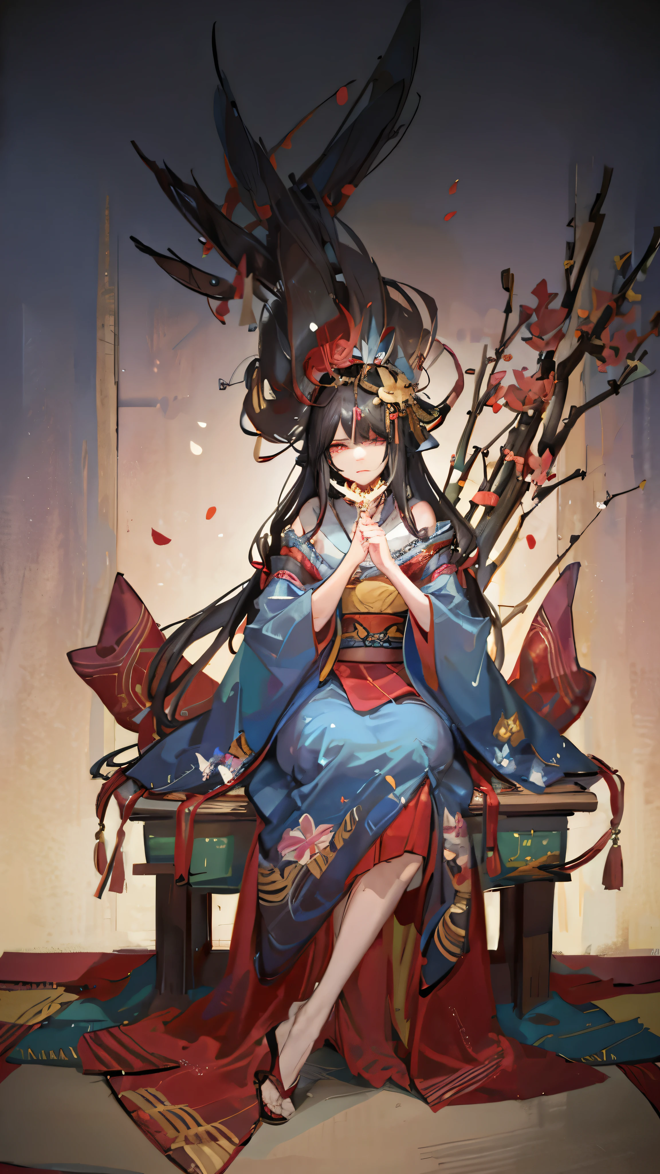 Highest quality, Pixiv, Black Hair, hair ornaments, kimono, hair flower, flower, kimono, mask, One girl, Sitting, Long Hair, with own hands, View your viewers, 6+boy, pray, multiple boy, Flower pattern print, Wide sleeves, fear, Apparition, scared, ugly, chiaroscuro, cinematic lighting, (masterpiece:1.2), UHD, high details, best quality, highres, 8k