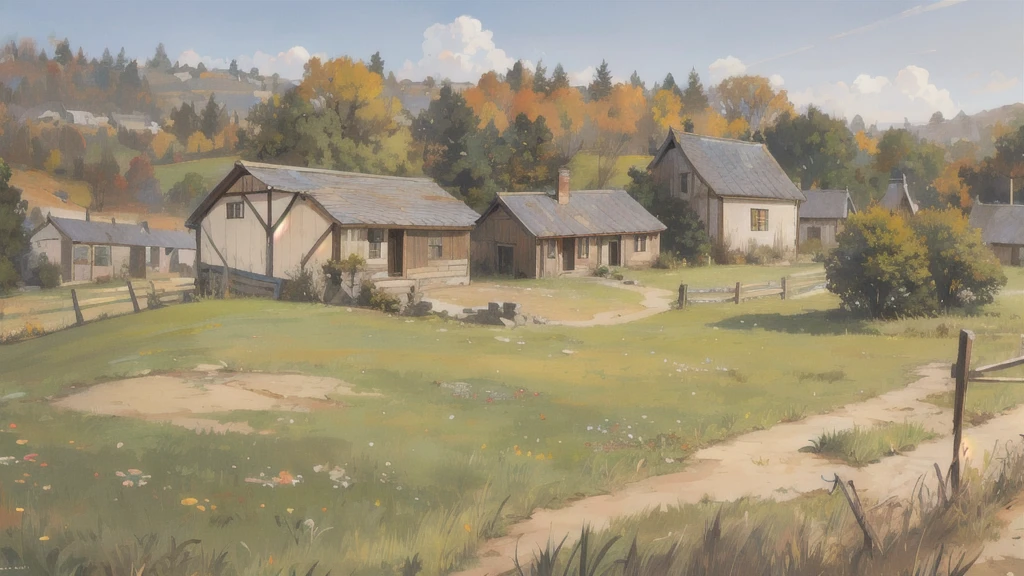 background material, antique, high quality, close ground level, close, close to building view, small apple orchard next to a house on wood foundation, dried grass, close up ground level, village in the background, medieval fantasy, muted colors,
