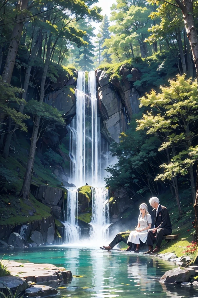 We are an old and beutiful couple. We are sitting in the middle of the forest. We have a white and a black horse that is very beautiful. It is the time of day. There are tall trees with red and colorless leaves. We are sitting and eating. The environment is very beautiful. There is happiness. There is a waterfall flowing in front. There are fishes in the pond which are giving a very beautiful view.