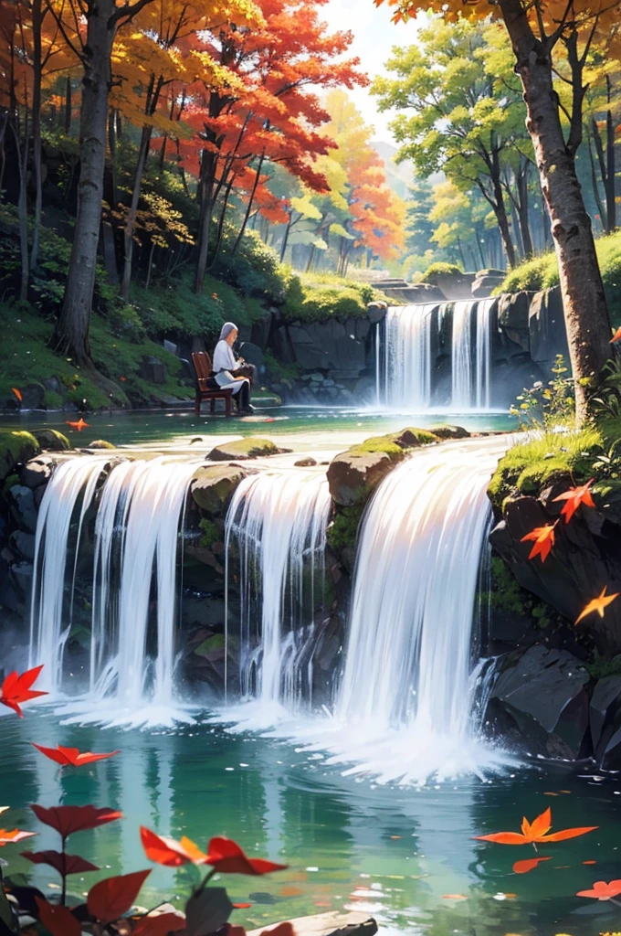 We are an old and beutiful couple. We are sitting in the middle of the forest. We have a white and a black horse that is very beautiful. It is the time of day. There are tall trees with red and colorless leaves. We are sitting and eating. The environment is very beautiful. There is happiness. There is a waterfall flowing in front. There are fishes in the pond which are giving a very beautiful view.