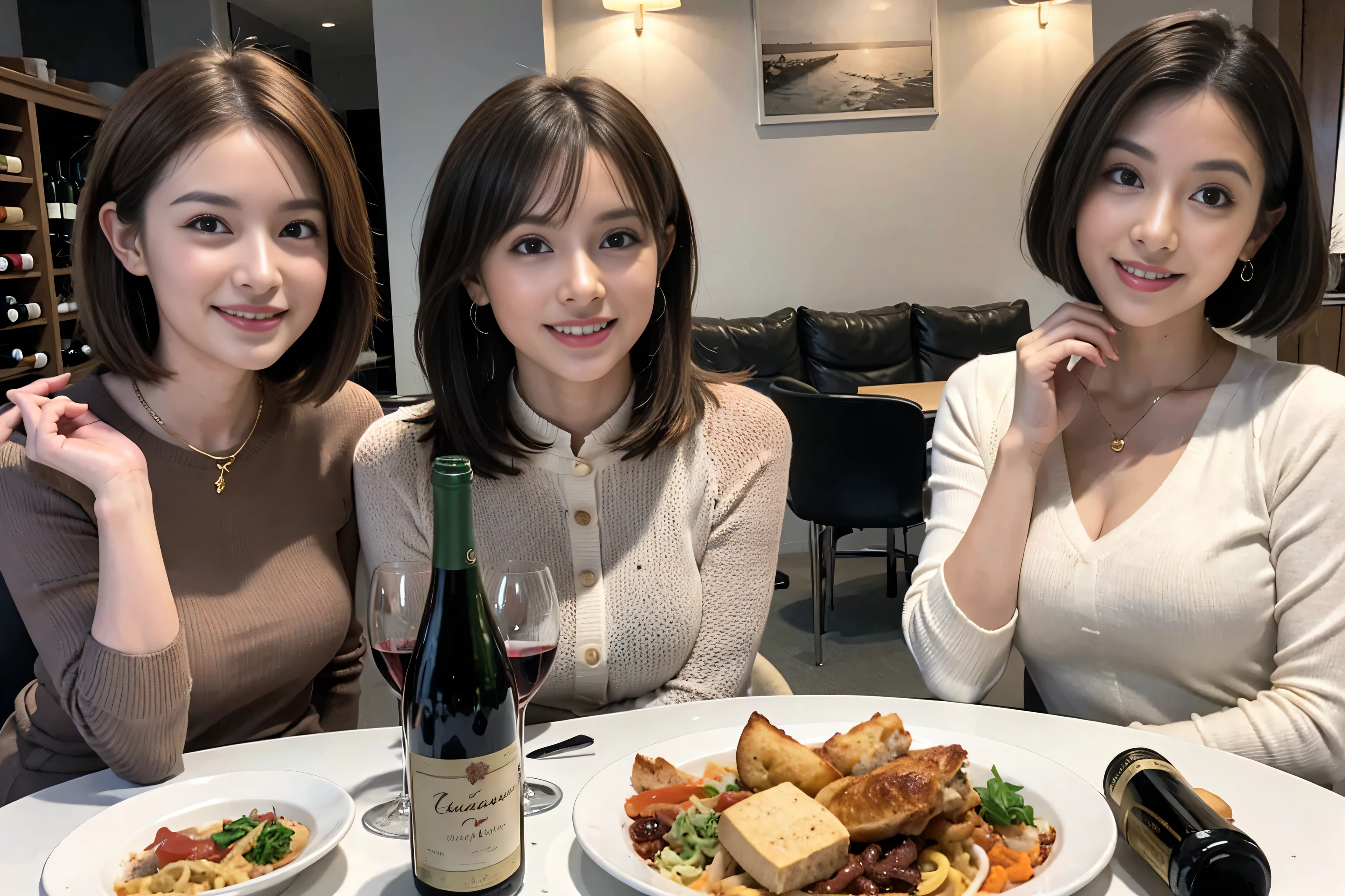 （Realistic:1.1）,(masterpiece,Highest quality)，8k,(49 years old), 53 years old, slimカップル、Tight waist,Upper Body,full-course dinner、wine 、Amazing view of the sunset sky and clouds、Perfect Anatomy, Brown Hair, short hair,Random Hairstyles,((Highly detailed face and eyes:1.2))，Perfect golden ratio face，Long sleeve shirt、dress,(smile:1.2)、Shortcuts、cute、(Realistic, Intricate details:1.2), A bright smile、short hair,Bright Face、赤wine 、Appetizers、Italian food、wine bottle、Champagne、スパークリングwine、(slimな顔), (The body is slim), (Brown Hair), (Shortcuts),  Upper Body, 白wine, slim, wineグラス, 
