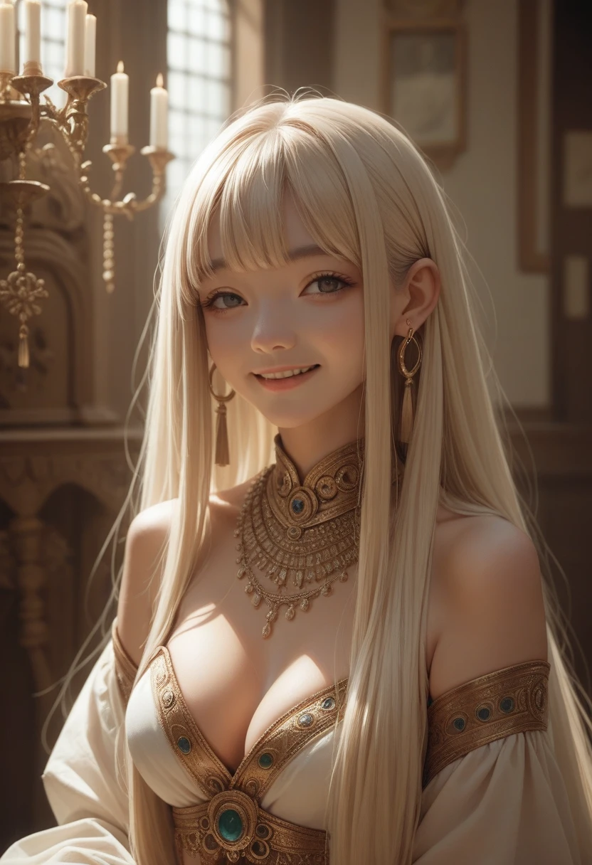 1 girl, breasts, smile, Bangs, jewellery, very long hair, ear rings, simple backround, Illustration,