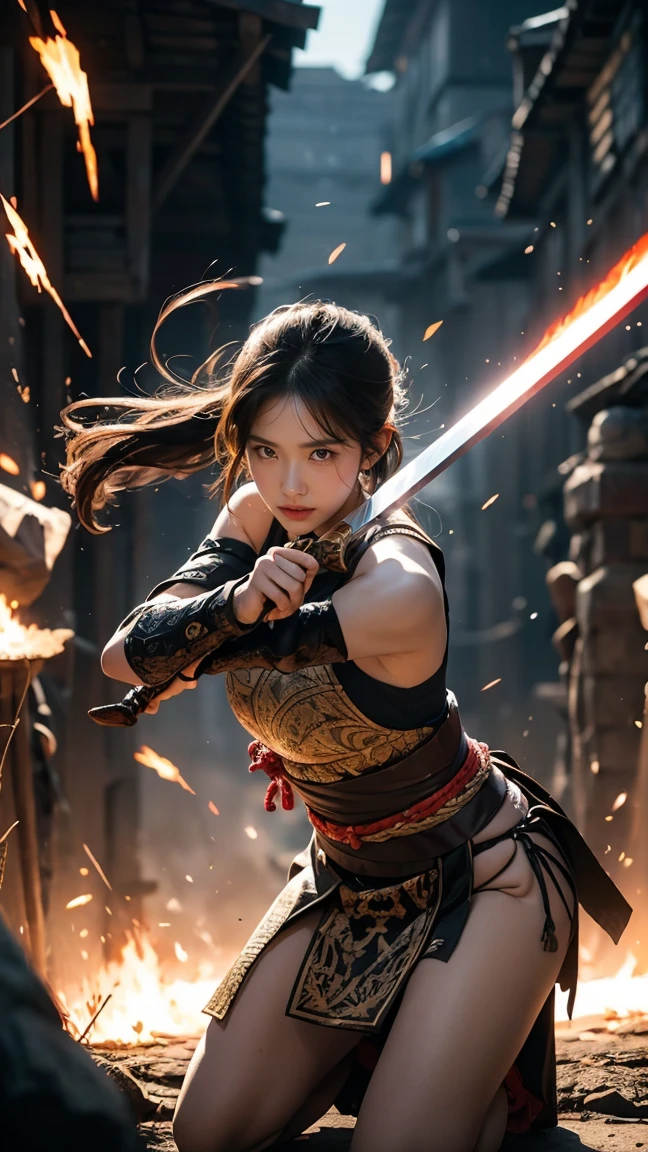 Girl fighting with a legendary sword, Her expression is one of fury as she is about to kill the enemy that has murdered all her people. From the cry of power that her anger generates, she is taking advantage of the monster she is facing ( Expression gone with the power, the pose of action and dynamism as if the screen were the monster she is killing for her power up) The power is so strong that the sword becomes even more legendary . The setting is one of war and chaos where the consequences of war are very evident ( Her attire is an ancient war uniform and she wears some loose garments that wave from the power she is using) 18-year-old model