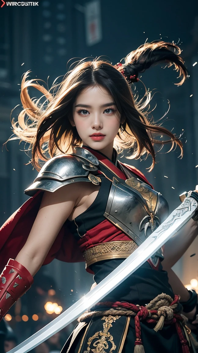 Illustrate Riven in her 'Valiant Sword' skin. She’s dressed in a noble, no having clothes,massive k-cups,samurai-inspired armor with intricate patterns and flowing fabric. Riven is mid-action, executing her 'Runic Blade' ability, with her sword glowing with runic symbols and energy pulsing through the blade as she swings it with precision.