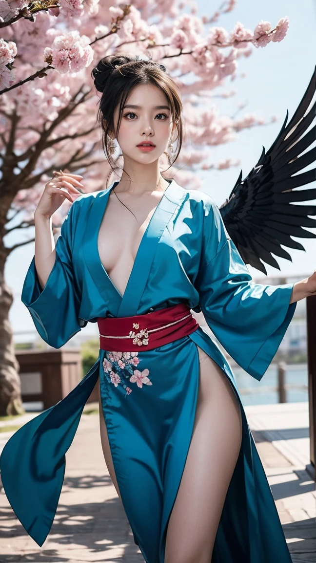 Draw Riven in her new 'Spirit Blossom' skin, featuring a mystical, , no having clothes,massive k-cups,kimono-like outfit with floral patterns and ethereal blue accents. Riven is performing her 'Broken Wings' ability, with spirit energy and cherry blossom petals swirling around her as she gracefully moves through her combo.