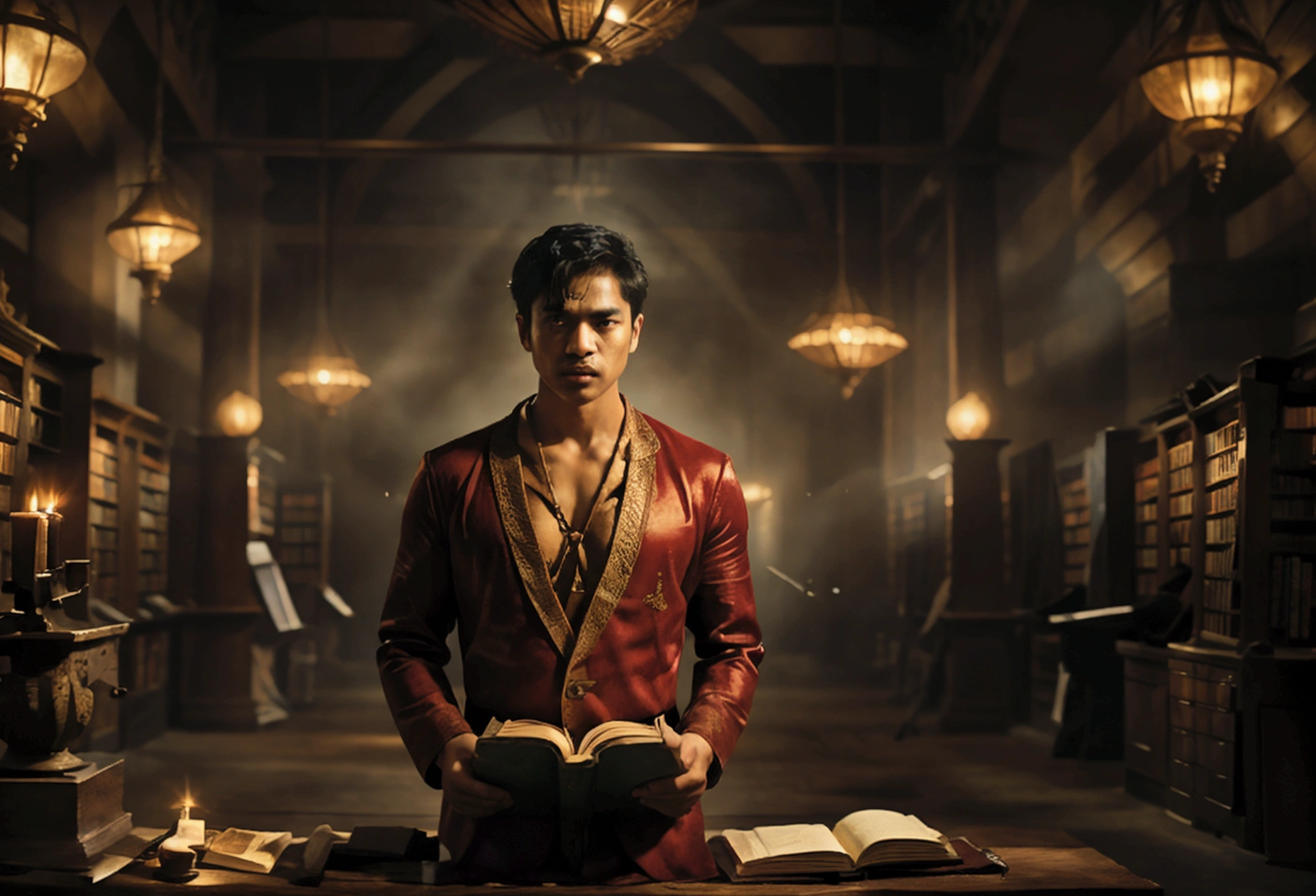 Scene: A Malay man in a scholarly robe stands in an ornate, magical library filled with floating books and scrolls. He reads from an ancient spellbook, causing the room to glow with arcane symbols.
Camera Shot: Wide-angle shot from a low angle, capturing the grandeur of the library and the magical effects around the man.
Cinematography: Warm, golden lighting with a rich color palette, emphasizing the symmetry and meticulous detail of the library setting.