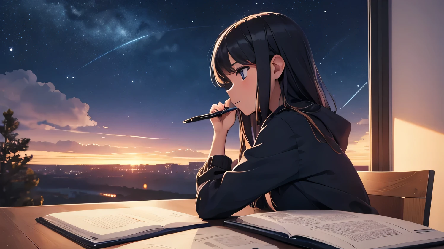 A girl studying while holding a pen, Night Sky, profile