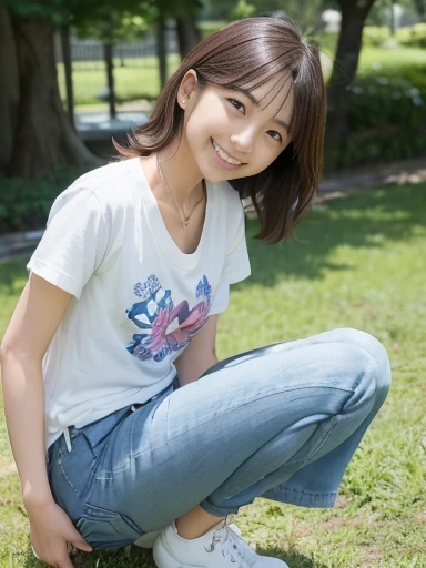 Japanese female, (underweight), (flat chest best quality:1.5), (cheerful grin:1.5),
park, (legs spread), (squatting), curly hair, (white t-shirt), (seven length blue jeans), japanese, in the park, with a flower, wide shot, from front, low angle shot