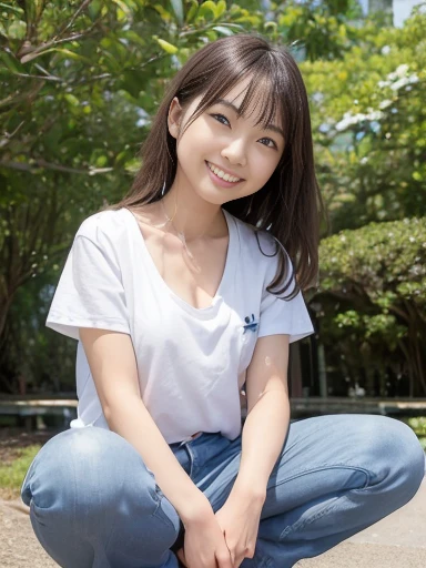 Japanese female, (underweight), (flat chest best quality:1.5), (cheerful grin:1.5),
park, (legs spread), (squatting), curly hair, (white t-shirt), (seven length blue jeans), japanese, in the park, with a flower, wide shot, from front, low angle shot