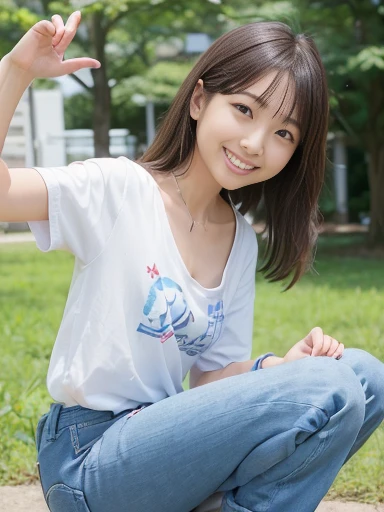 Japanese female, (underweight), (flat chest best quality:1.5), (cheerful grin:1.5),
park, (legs spread), (squatting), curly hair, (white t-shirt), (seven length blue jeans), japanese, in the park, with a flower, wide shot, from front, low angle shot