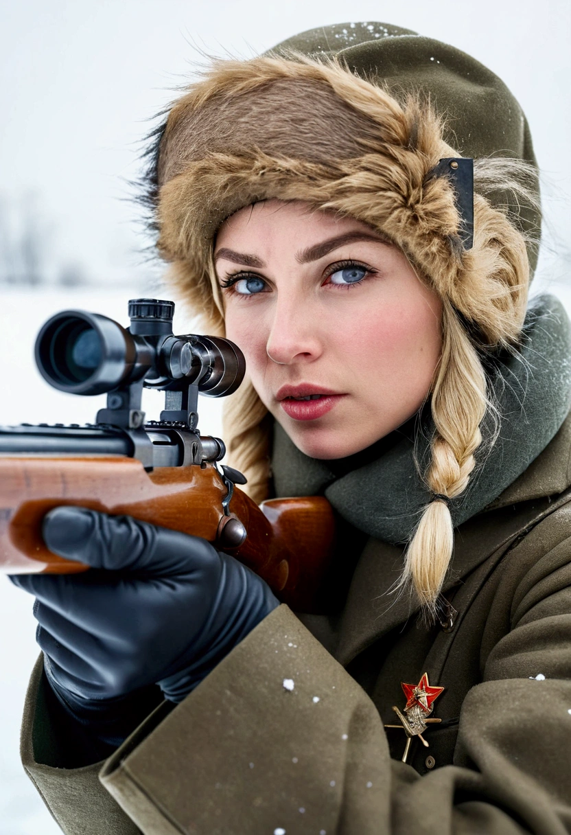 8K Quality, Ultra High Definition Real Photo, World War II, Soviet Army female sniper, blonde beauty, large breasts, wearing Soviet military uniform, fur hat, on the cold white snow, she is an excellent sniper aiming at the enemy, her breath is white as she fights on the snowy field, the camera captures her with a close-up shot of her aiming her gun, the weather is a dull, dull cloudy sky, the shadows are dark and thick, it looks like a blizzard is about to come.