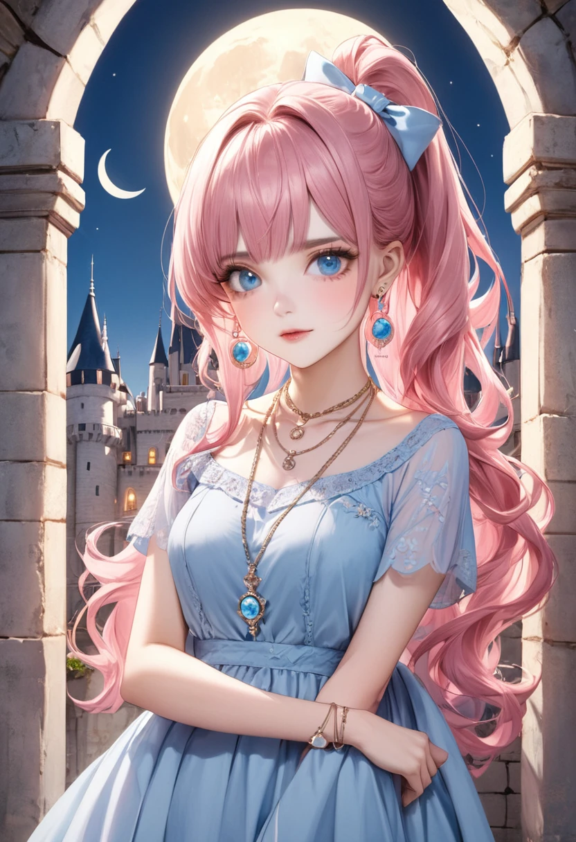 1 female　Pink hair ponytail　Thin pink eyebrows　Dull light blue eyes　society　Pastel blue long dress　Inside the castle　full moon 　Crescent moon hair accessory　Earrings and matching necklace