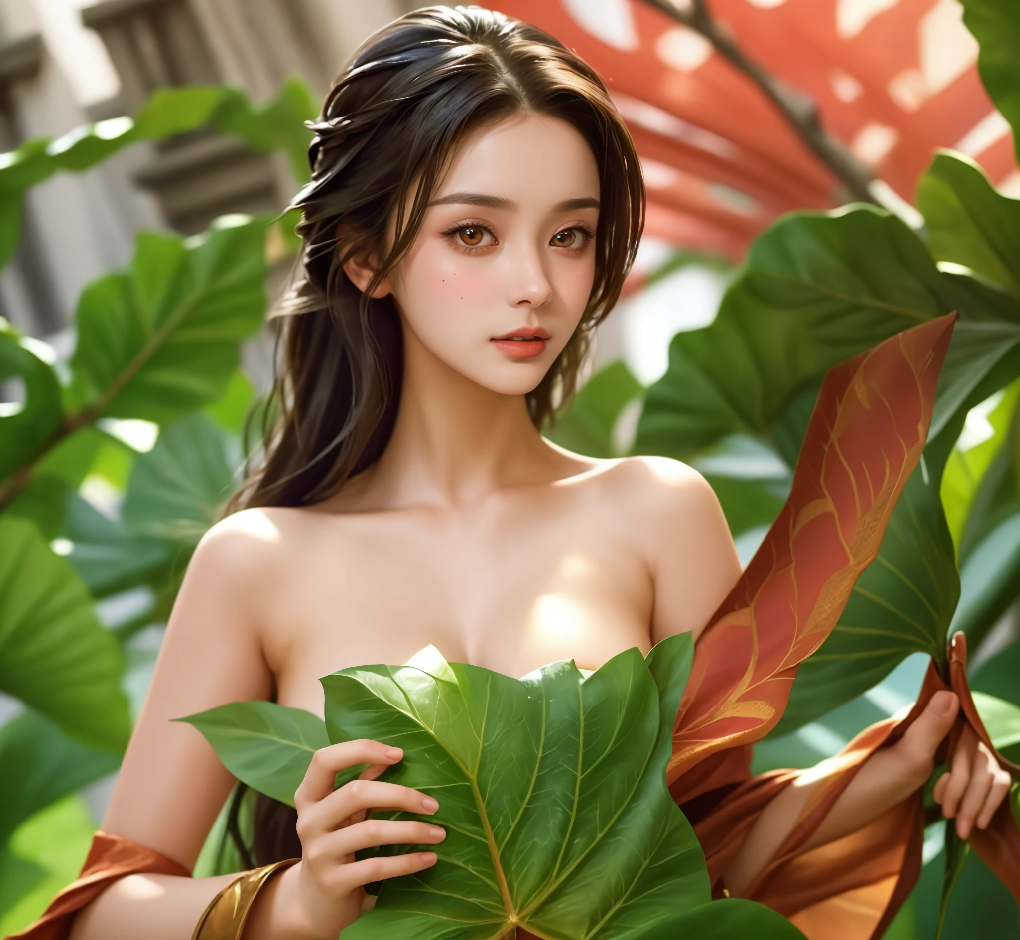 soft_light, (Masterpiece: 1.5), (Best Quality: 1.5), High Resolution, High Detail, nude (gorgeous Chinese|Filipina beauty, slanted Asian eyes:1.35), Solo, Skin Highlight, Sharpen, Clear, straight hair, ponytail, multicolored blond hair, Jewelry, bracelet, earrings, pale skin, smile, jungle ruins, wearing nothing, (flat_chested, butt_freckles, thighs, freckles)