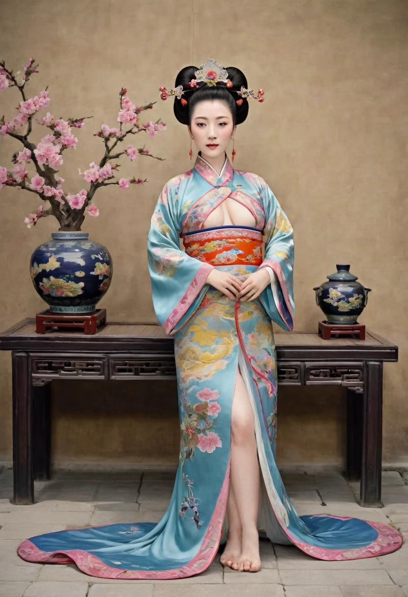 A naked picture of the empress of the Qing dynasty in China, standing in front of the camera, showing her large breasts, hairy abdomen, and pubic hair.、
Her hair is tied up and pulled up with a gorgeous flower ornament on both sides.、Chinese style Qing Dynasty empress crown background on stone pavement outside the Chinese palace of the Qing Dynasty