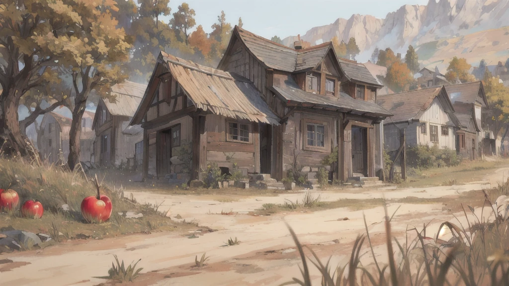 background material, antique, high quality, close ground level, street view, close to building view, small apple orchard next to a house on wood foundation, dried grass, close up ground level, village in the background, medieval fantasy, muted colors, 