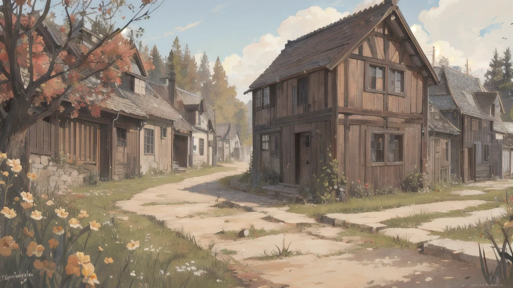 background material, antique, high quality, close ground level, street view, close to building view, small apple orchard next to a house on wood foundation, dried grass, close up ground level, village in the background, medieval fantasy, muted colors,