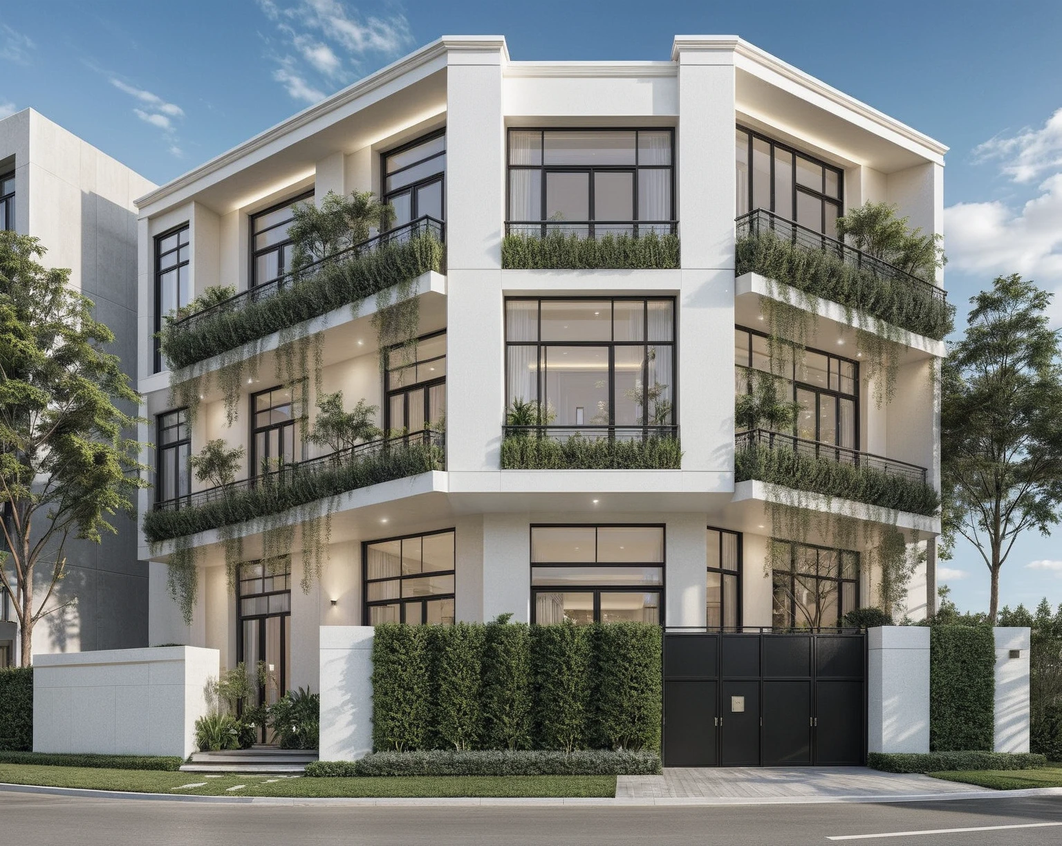 a rendering of a modern building with a balcony and a balcony, exterior design, residential design, concept house, inter dimensional villa, front elevation view, modern lush condo as shopfront, architectural concept, complete house, mid-view, frontview, elevation view, contemporary house, overall architectural design, comprehensive 2 d render, residential, front-view, modern architecture design, realistic material