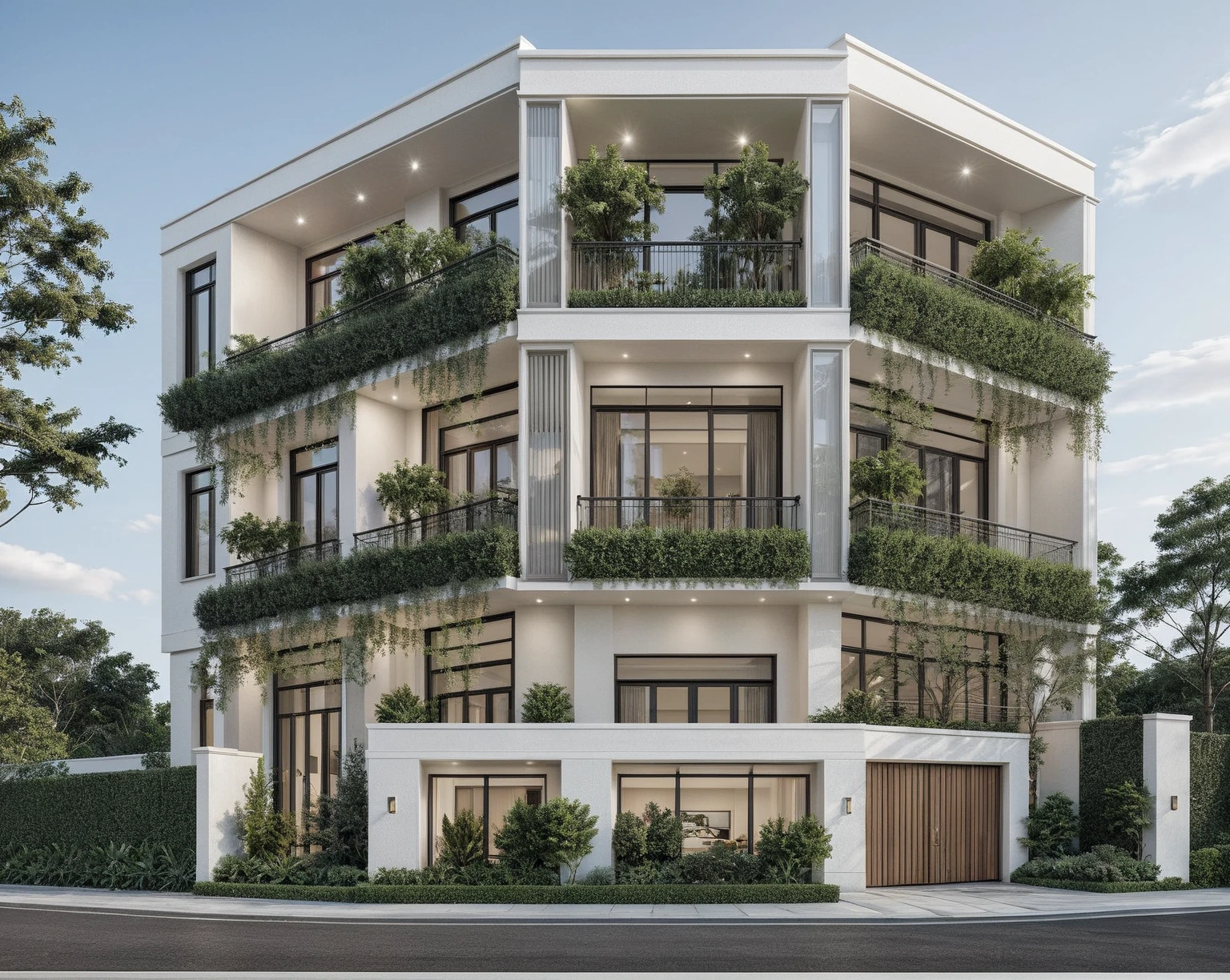 a rendering of a modern building with a balcony and a balcony, exterior design, residential design, concept house, inter dimensional villa, front elevation view, modern lush condo as shopfront, architectural concept, complete house, mid-view, frontview, elevation view, contemporary house, overall architectural design, comprehensive 2 d render, residential, front-view, modern architecture design, realistic material