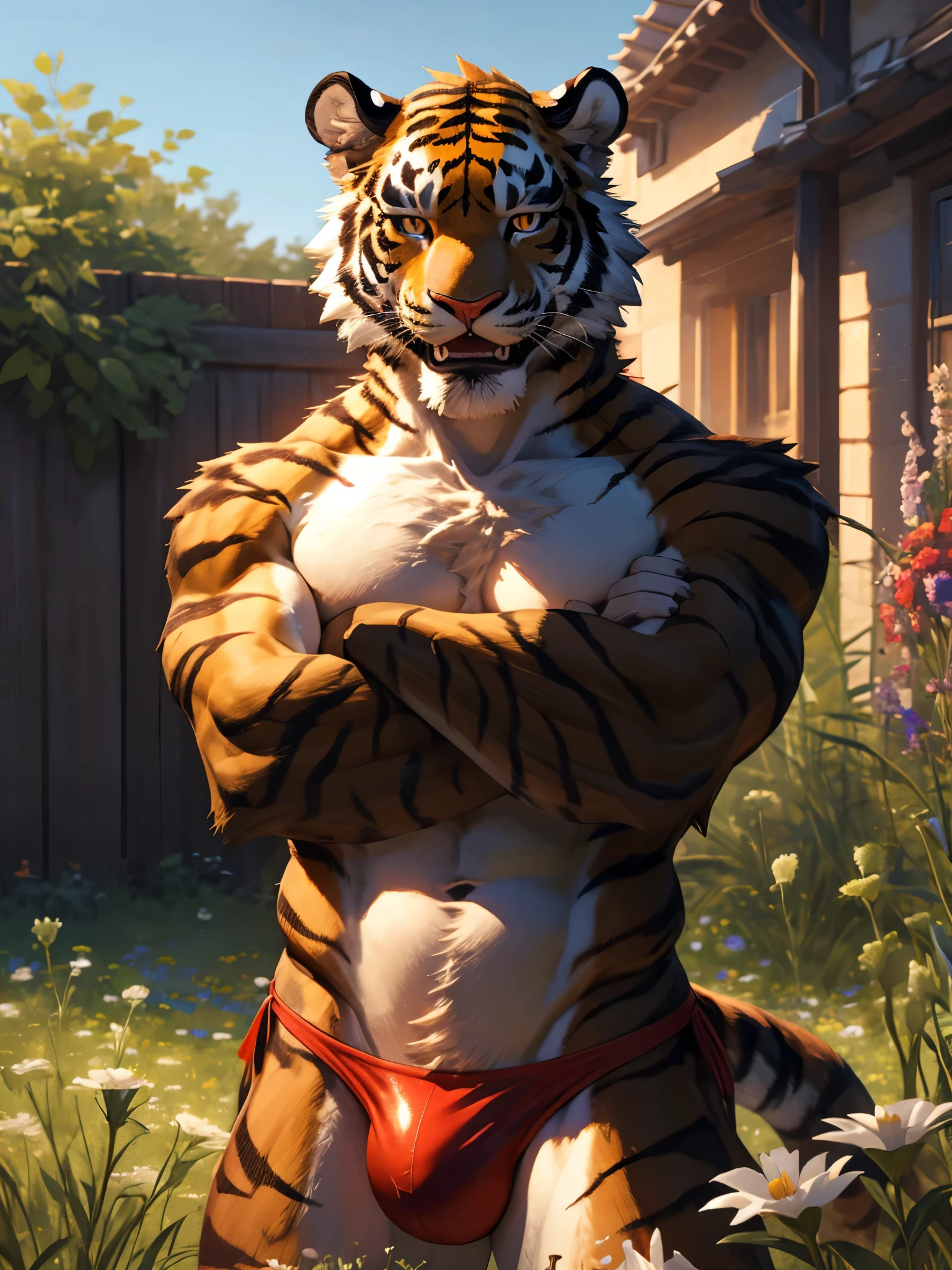 There's a Tiger furry, ((Full Naked)), golden eyes, ripped body, (((Red thongs))), huge bulge, anthropomorphic, extra detailed body, detailed body, Best quality, masterpiece, ultra high res,detailed background,realistic, real shadow and light,depth of field, (looking at viewer), details skin, open mouth, (red face), flowers at the garden, meadow, clear sky, ((crossed arms pose)), ((SFW)), Tiger furry, ((close up))