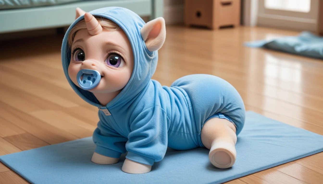 pony, light caramel unicorn, adult filly, sitting on a soft play mat, dressed in a blue vest, adult size blue foal cap and adult size blue foal booties, blue pacifier in mouth, solo, cubes on the floor, additional lining in clothing around the croup, thick  blue diaper under clothes.