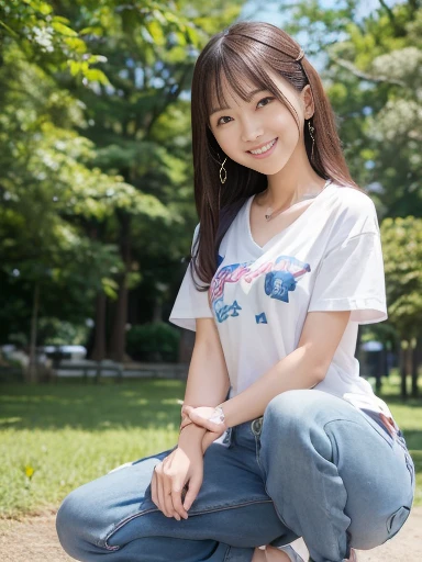 Japanese female, (underweight), (flat chest best quality:1.5), (cheerful grin:1.5),
park, (), (squatting), curly hair, (white t-shirt), (seven length blue jeans), japanese, in the park, with a flower, headshot, from front, low angle shot