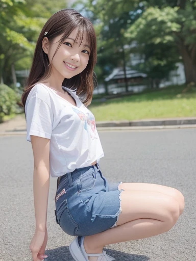 Japanese female, (underweight), (flat chest best quality:1.5), (cheerful grin:1.5),
park, (legs spread), (squatting), curly hair, (white t-shirt), (seven length blue jeans), japanese, in the park, with a flower, headshot, from front, low angle shot