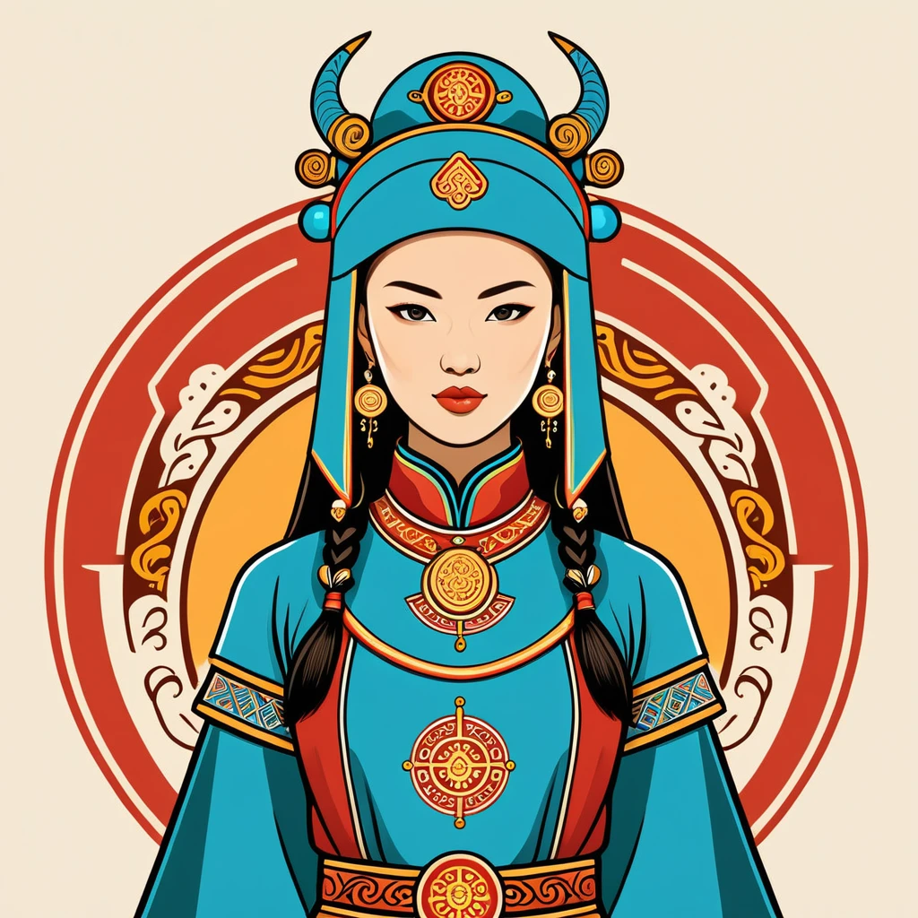 female android in mongol folk outfit ,vector graphics, strong contours, logo design