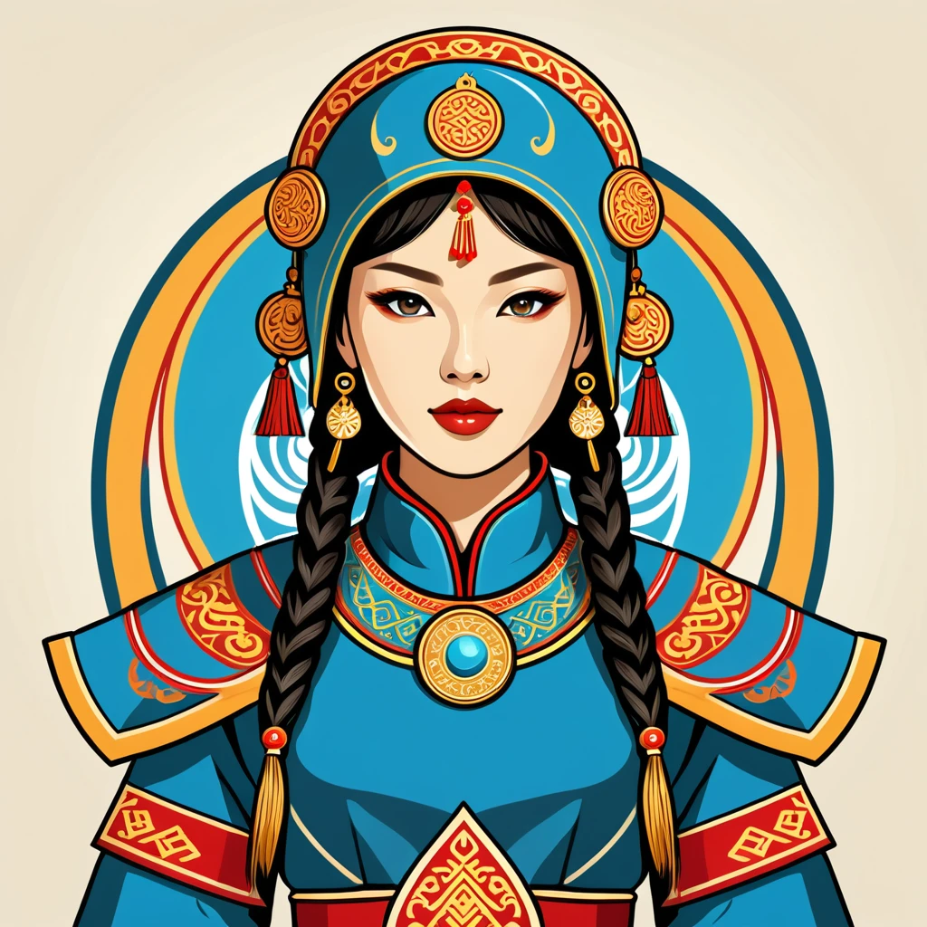 female	android	in mongol folk outfit	,vector graphics, strong contours, logo design																						