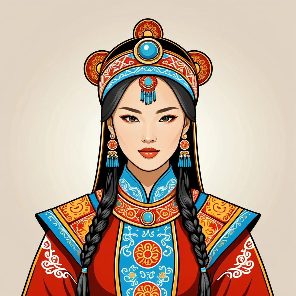 female android in mongol folk outfit ,vector graphics, strong contours, logo design