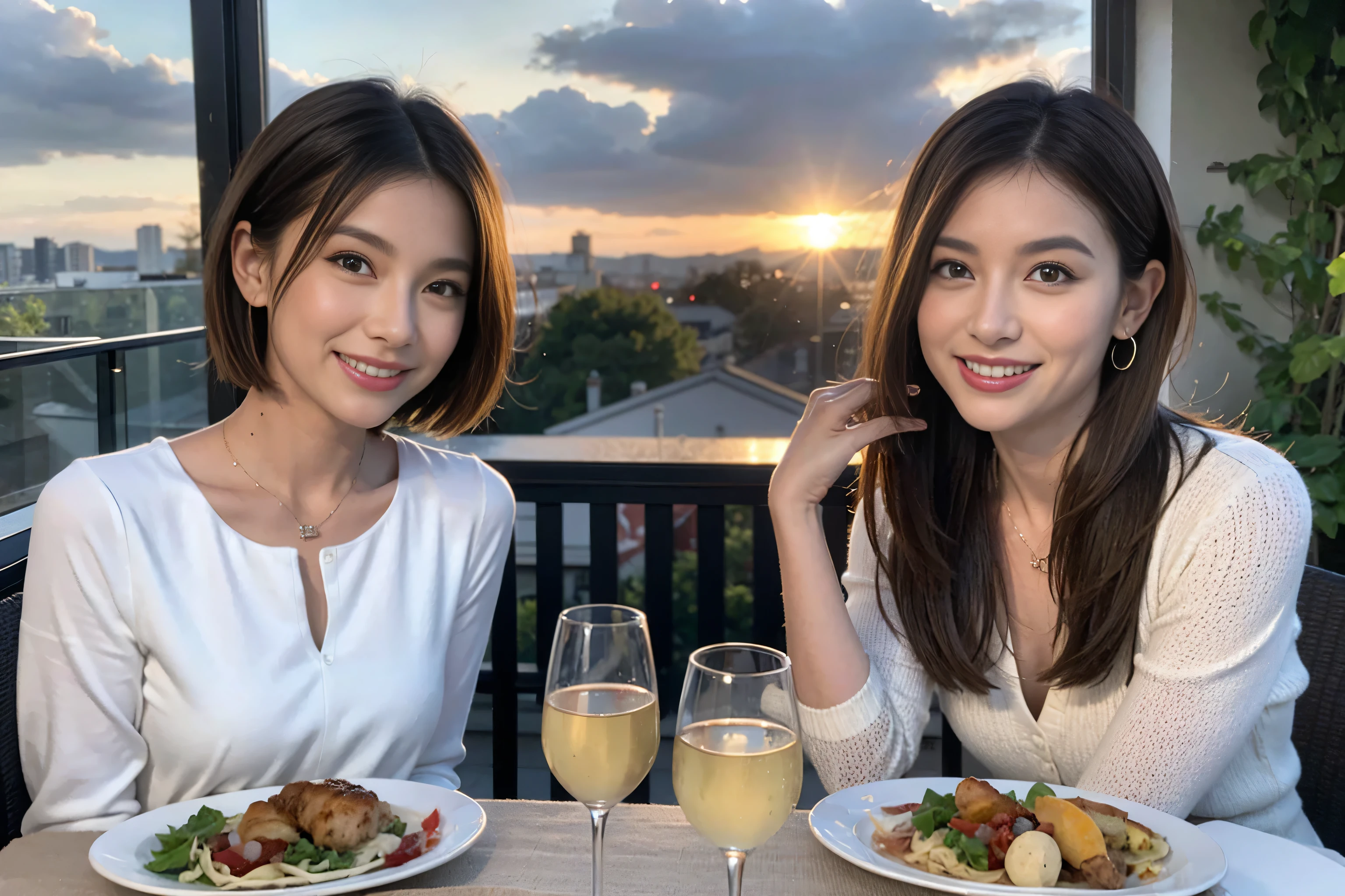 （Realistic:1.1）,(masterpiece,Highest quality)，8k,(49 years old), 53 years old, slimカップル、Tight waist,Upper Body,full-course dinner、wine 、Amazing view of the sunset sky and clouds、Perfect Anatomy, Brown Hair, short hair,Random Hairstyles,((Highly detailed face and eyes:1.2))，Perfect golden ratio face，Long sleeve shirt、dress,(smile:1.2)、Shortcuts、cute、(Realistic, Intricate details:1.2), A bright smile、short hair,Bright Face、赤wine 、Appetizers、Italian food、wine bottle、Champagne、スパークリングwine、(slimな顔), (The body is slim), (Brown Hair), (Shortcuts),  Upper Body, 白wine, slim, wineグラス, 