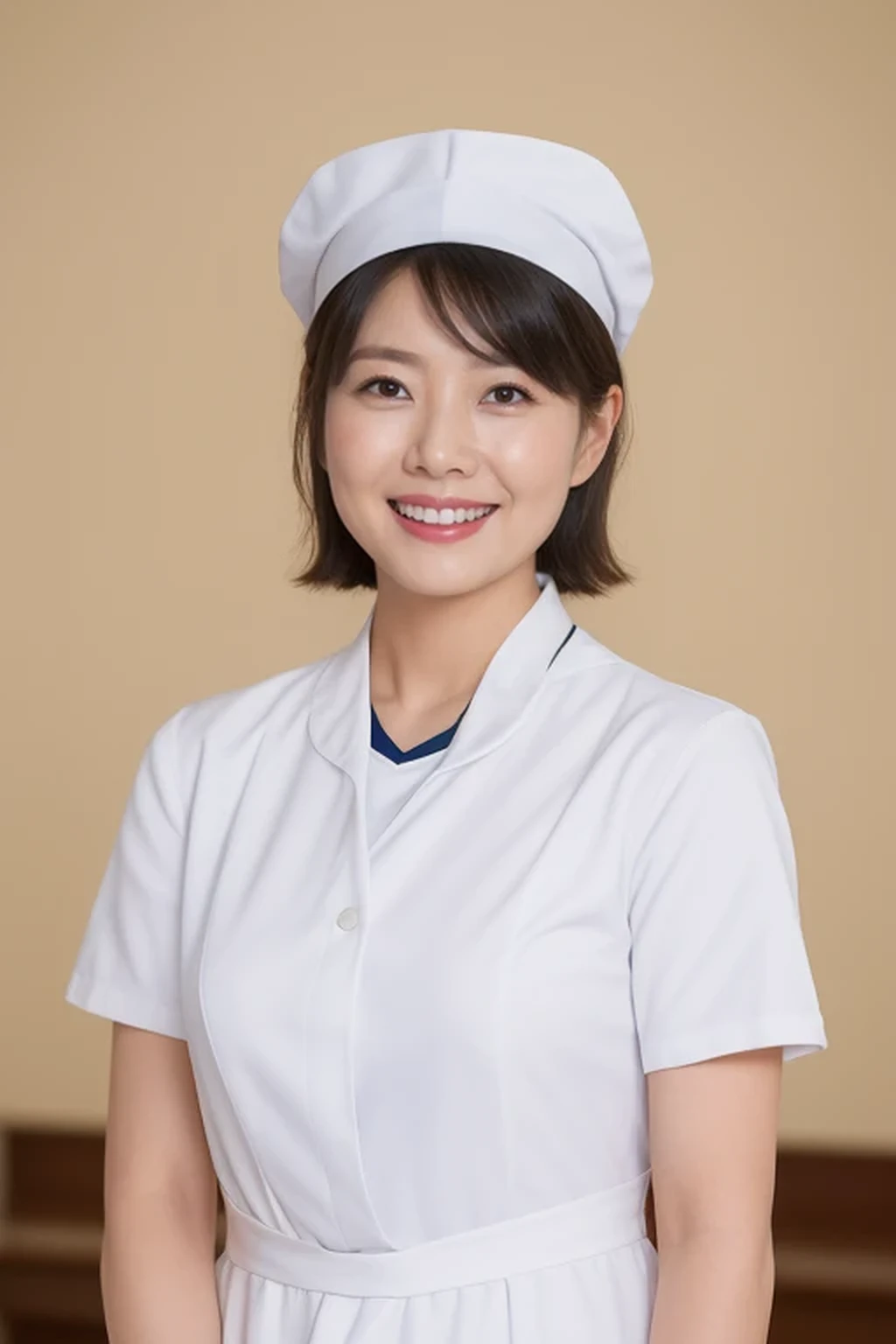 (8k, best quality, masterpiece, golden ratio composition,:1.3), (huge breasts:1.2), (beautiful Japanese mature woman),
A woman in her 40s, shirt cut hair, (wearing white Nurse's uniform, Nurse's cap :1.2),