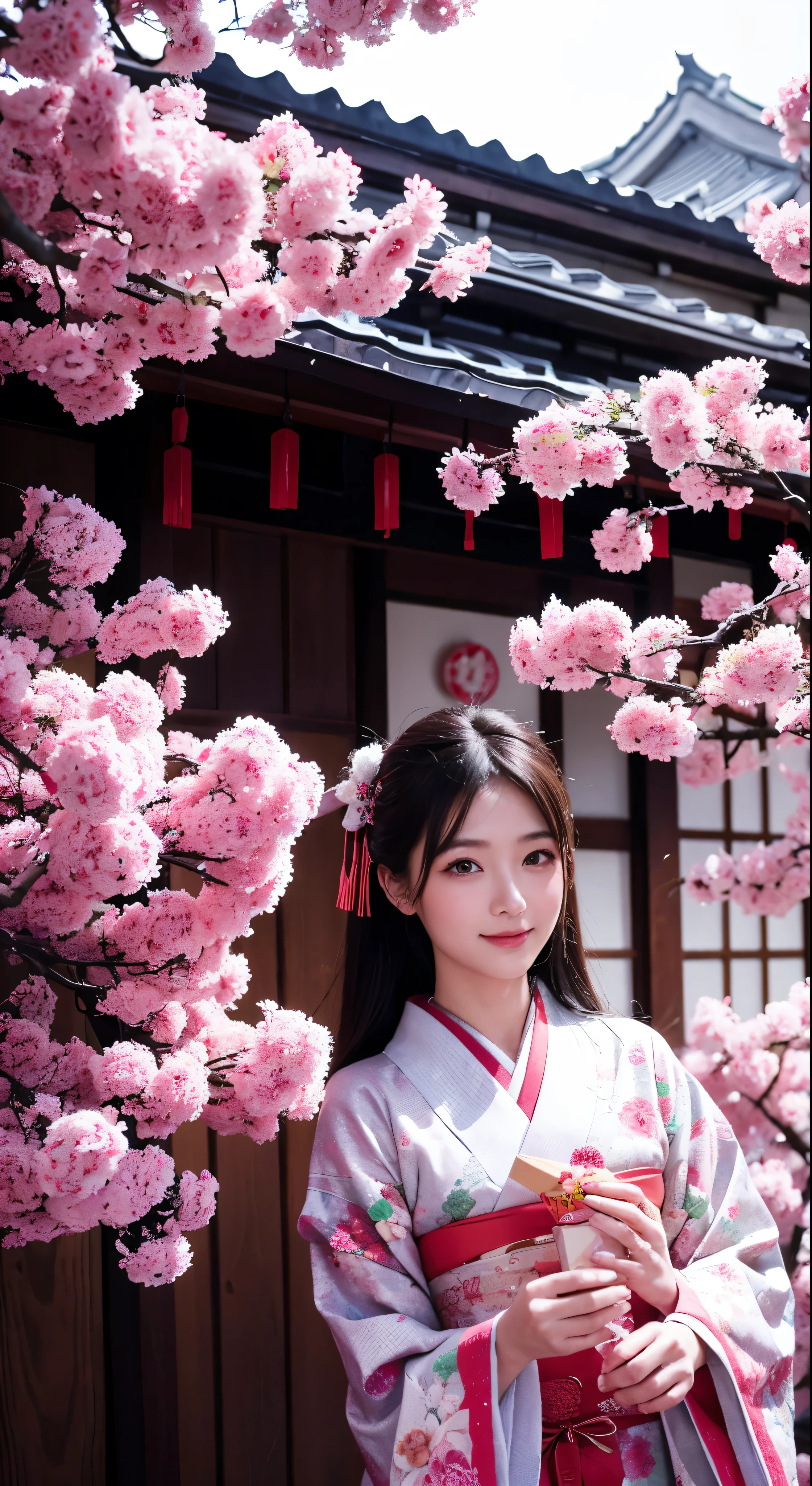 with high definition images，beginning of the year:　Japanese New Year&#39;s Eve、new yearあけましておめでとうございます、new year、Shimabara Yuuhi、Lip Gloss、Long black hair、Facial details、Down jacket outfit、Long lockedium Hair、Thick eyebrows、Sharp yellow eyes，Full body high quality images