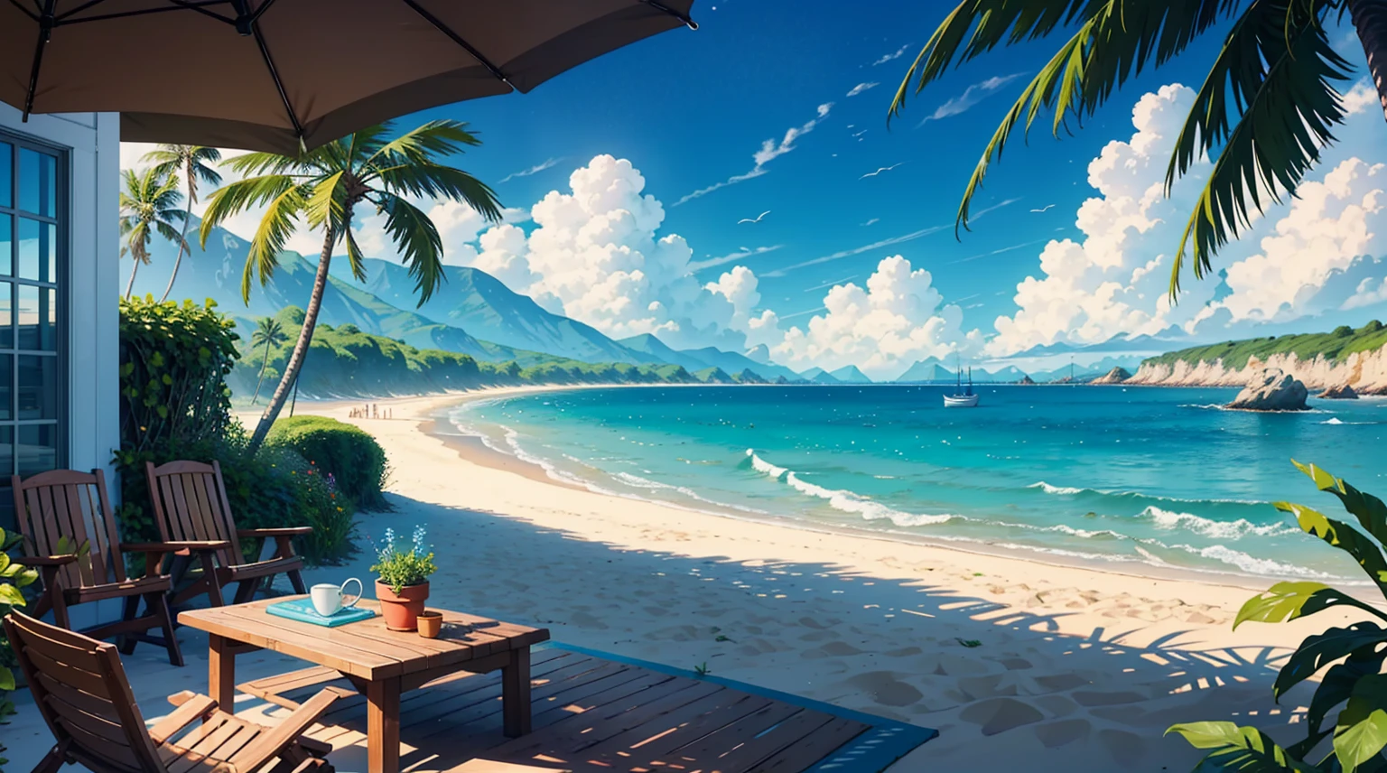 Create a detailed, vibrant illustration of a serene coastal workspace on a sunny day. The scene should include a wooden table with a laptop, notebooks, a cup of coffee, and various stationery items. 1 girl sitting, wear headphone, Surround the table with lush green potted plants. The background should feature a stunning ocean view with clear blue skies, distant mountains, and gentle waves crashing onto the sandy beach. Ensure the atmosphere is calm and inviting, perfect for relaxation or productive work.