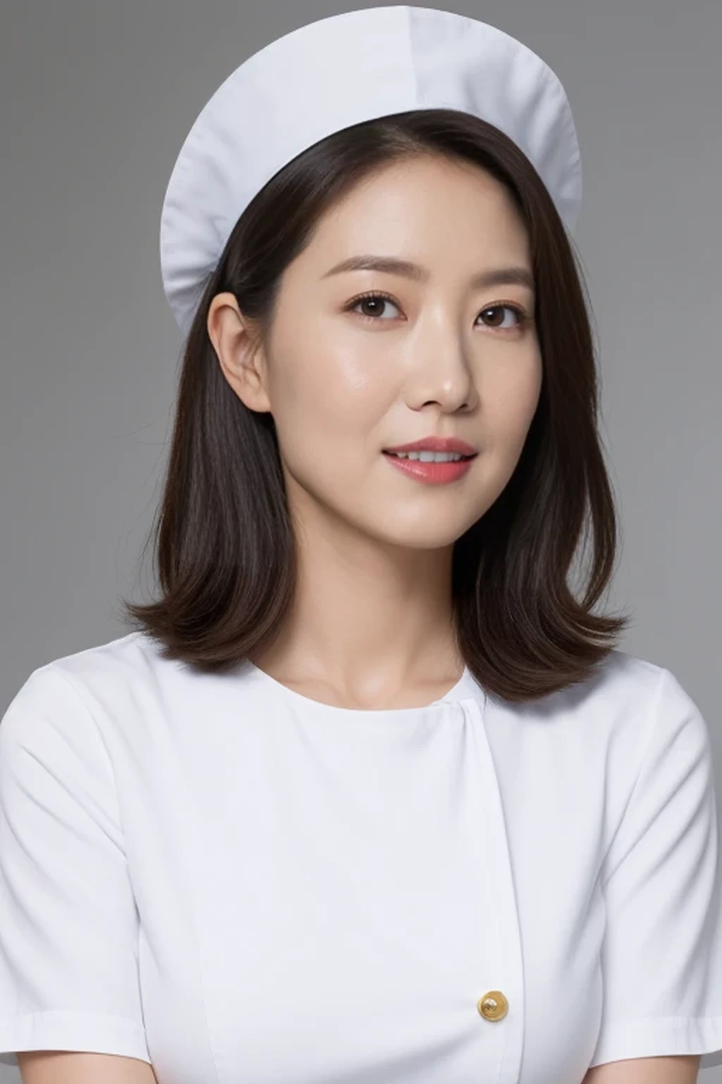 (8k, best quality, masterpiece, golden ratio composition,:1.3), (huge breasts:1.2), (beautiful Japanese mature woman), A woman in her 40s, shirt cut hair, (wearing white Nurse's uniform, Nurse's cap :1.2),