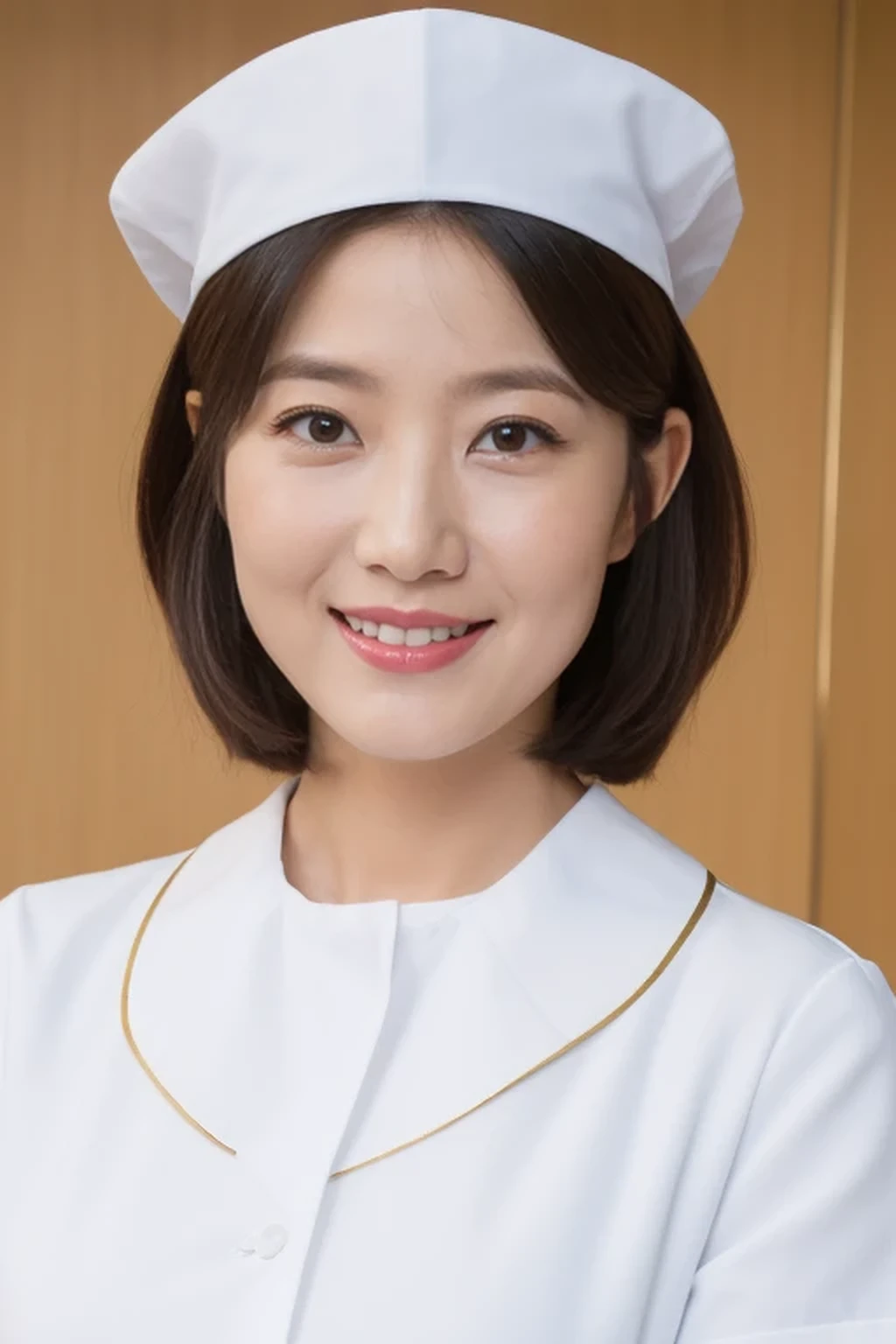 (8k, best quality, masterpiece, golden ratio composition,:1.3), (huge breasts:1.2), (beautiful Japanese mature woman), A woman in her 40s, shirt cut hair, (wearing white Nurse's uniform, Nurse's cap :1.2),