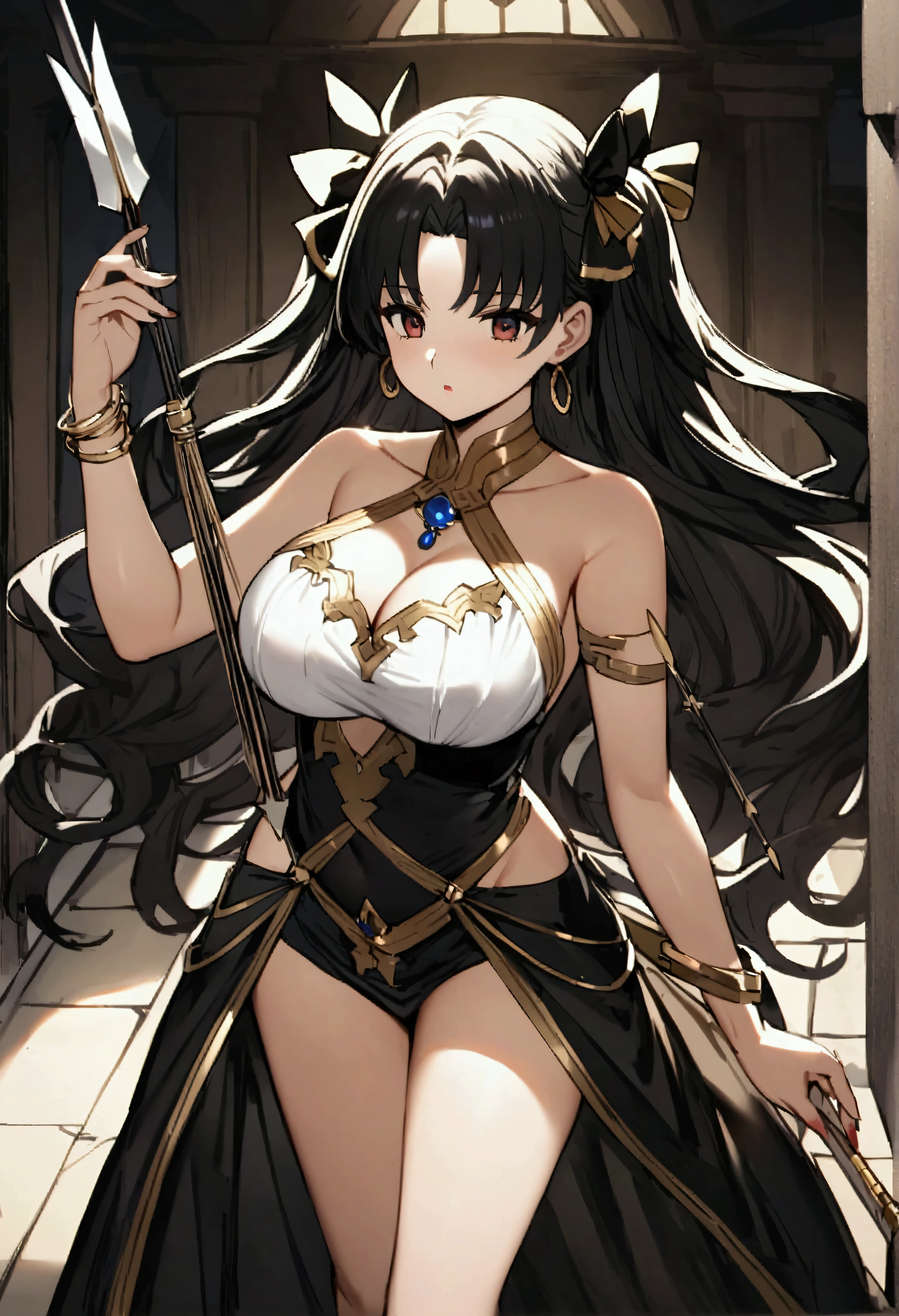 A girl、Solitary、Large Breasts、thigh、Mature woman、Weaving、gem、bracelet、skirt、Shooter、Bend bow、arrow、There are weapons、Ishtar with a bow、(fate FGO)