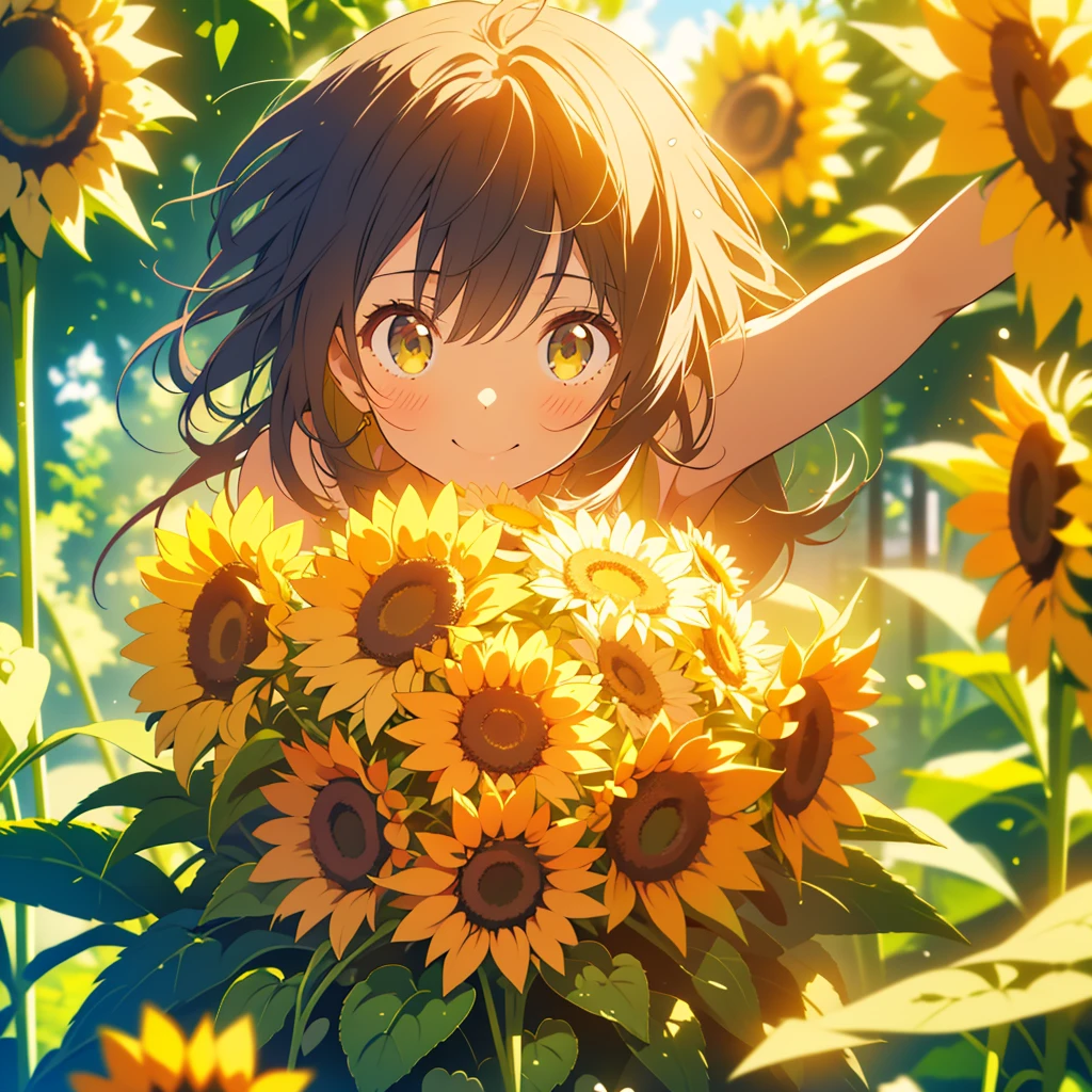 kawaii, anime, Cute, hyper quality, highly detailed, 8k, Clarity, Draw facial expressions in detail, Girl with long dark brown hair and green eyes, sunflower, painting, art, whole body, colorful ink, canvas, oil, brush, paint, paint, 999 sunflowers, surrounded by sunflowers, pull composition, Expanding composition, bird's eye view, white dress, art, turn around, Richly colored, shine of the sun, light dances, smile, turn over,